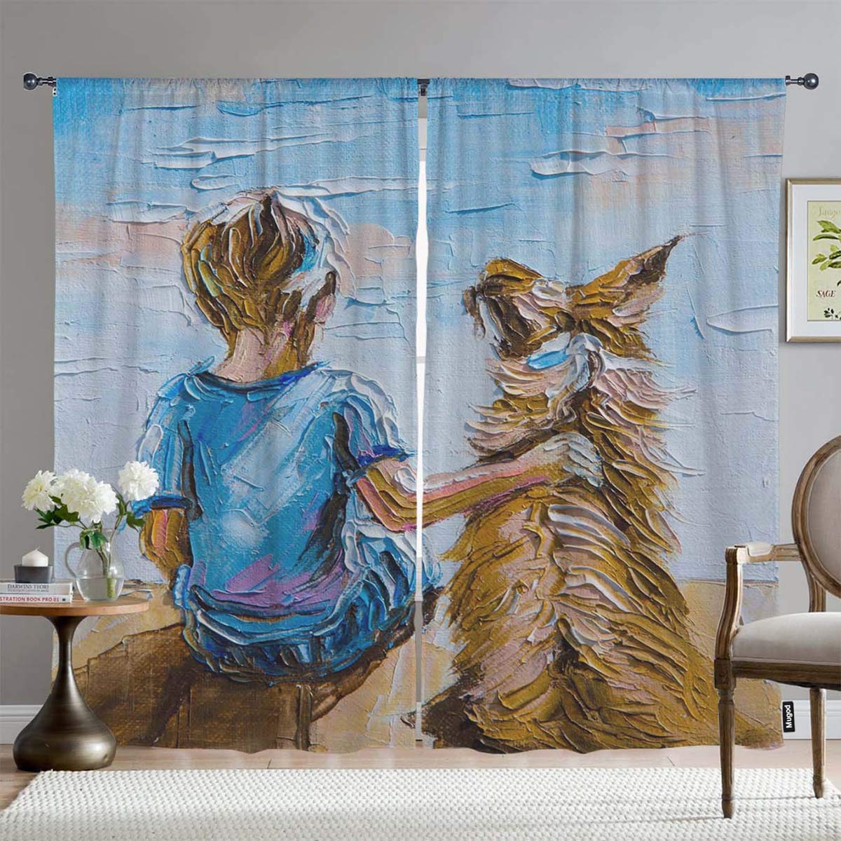 Mugod Blackout Window Curtains - Hand-Painted Canvas Drapes with Boy and Dog by Lake Scene, Room Darkening Curtain Panels for Bedroom, Living Room & Kitchen, 108x63 Inches - Perfect for Coastal, Nursery, and Lakeside Home Decor