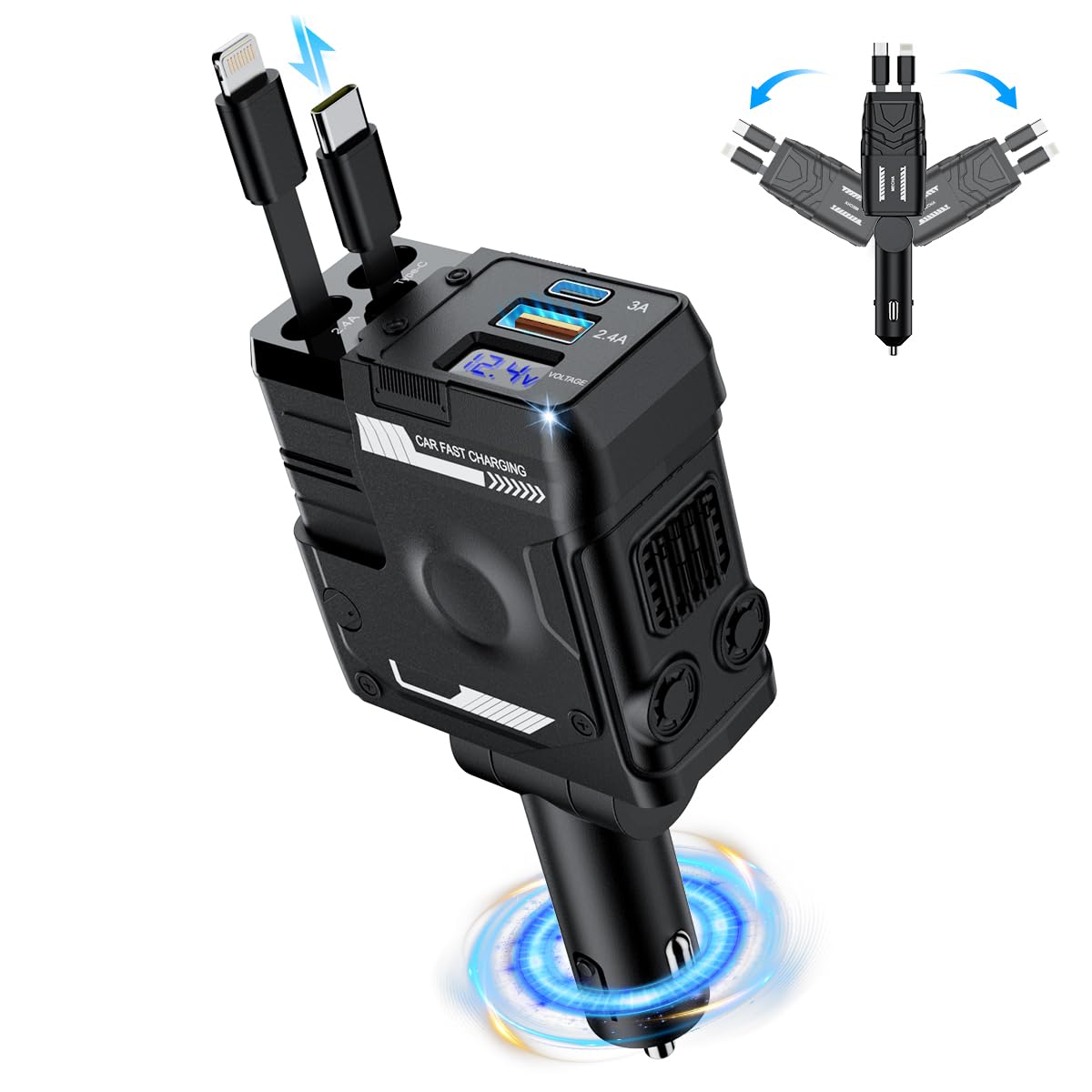 65W 4-in-1 Retractable Car Charger - Fast USB C Car Phone Charger Compatible with iPhone 16/16 Pro Max/15/15 Pro Max/14/13/12/11, Galaxy S23/S22/S21, Pixel 7/6 - Perfect for Road Trips & Daily Commutes