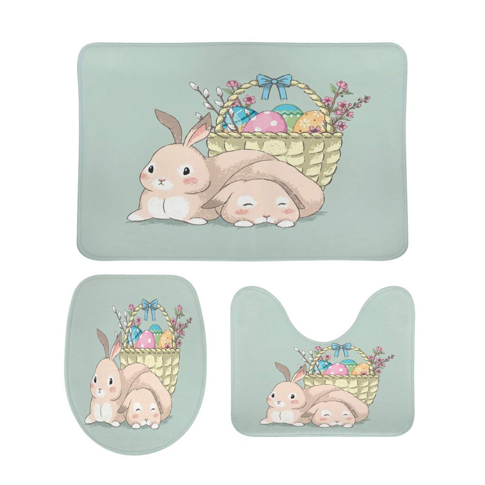 3-Piece Non-Slip Bathroom Rug Set - Soft Coral Fleece Contour Toilet Mat, Lid Cover & Bath Mat - Easter Bunny Pastel Style for Bathroom, Toilet & Shower - Cozy & Slip-Resistant Home Decor