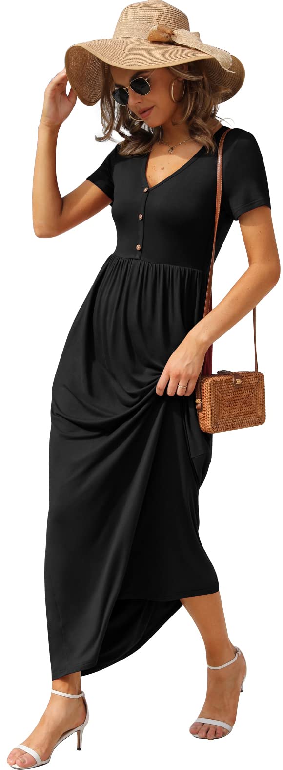 GRECERELLE Women's Long Maxi Dresses 2025 - Short Sleeve V Neck Casual Summer Button Dress with Pockets - Perfect for Beach, Vacation, and Outdoor Parties