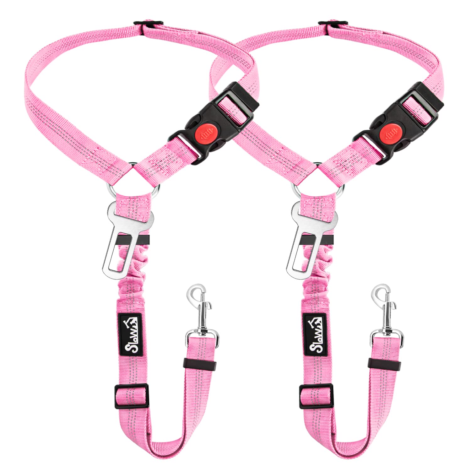SlowTon 2-Pack Adjustable Dog Seat Belt for Cars - Elastic Bungee Buffer Pet Safety Harness with Reflective Tether (Pink) | Headrest + Clip Attachment | Perfect for Road Trips & Vet Visits