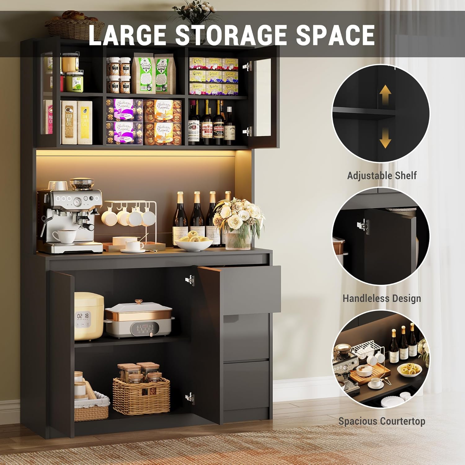Modern Black Kitchen Pantry Cabinet with LED Lights & Charging Station - Tall Storage Hutch with Microwave Stand, Buffet Cabinet & Countertop - Perfect for Small Kitchens, Dining Room Storage & Home Organization