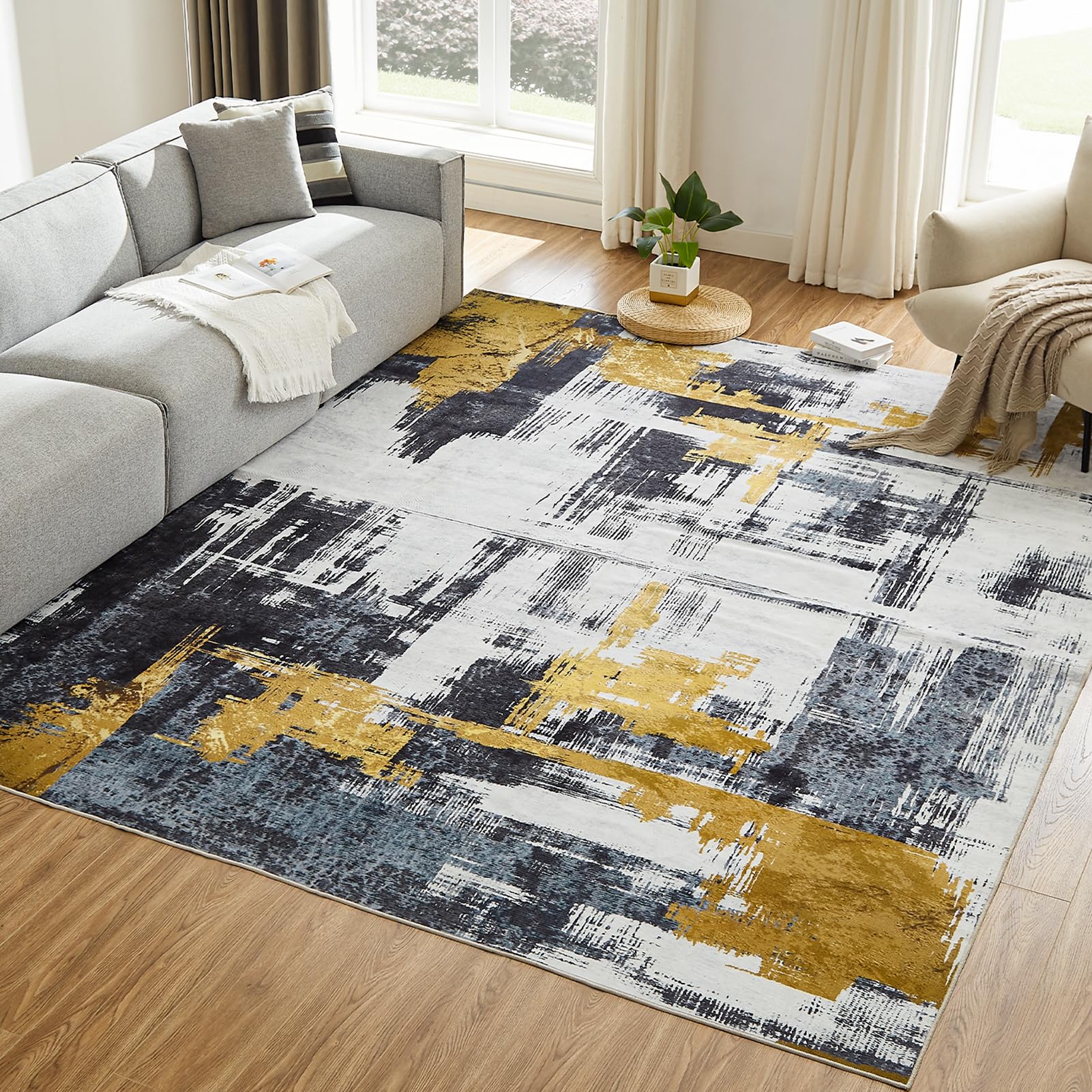 6'x9' Machine Washable Abstract Area Rug - Non-Slip Modern Woven Boho Carpet for Living Room, Bedroom, Kitchen & Office - Soft Home Decor in Black | Perfect for High-Traffic Areas & Pet-Friendly Spaces