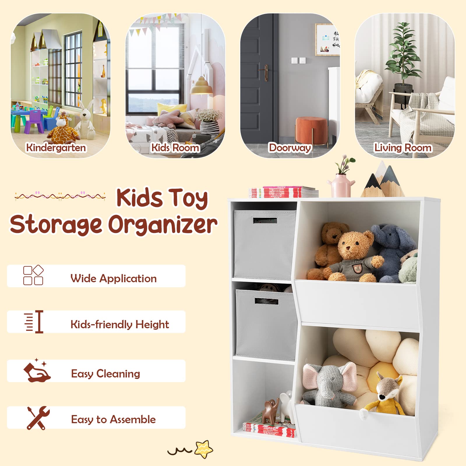 HONEY JOY 5-Cubby Wooden Kids Toy Storage Organizer & Bookshelf with 2 Storage Bins - Playroom, Nursery, Daycare & Kindergarten Toy Display Cabinet for Books, Toys & Organization