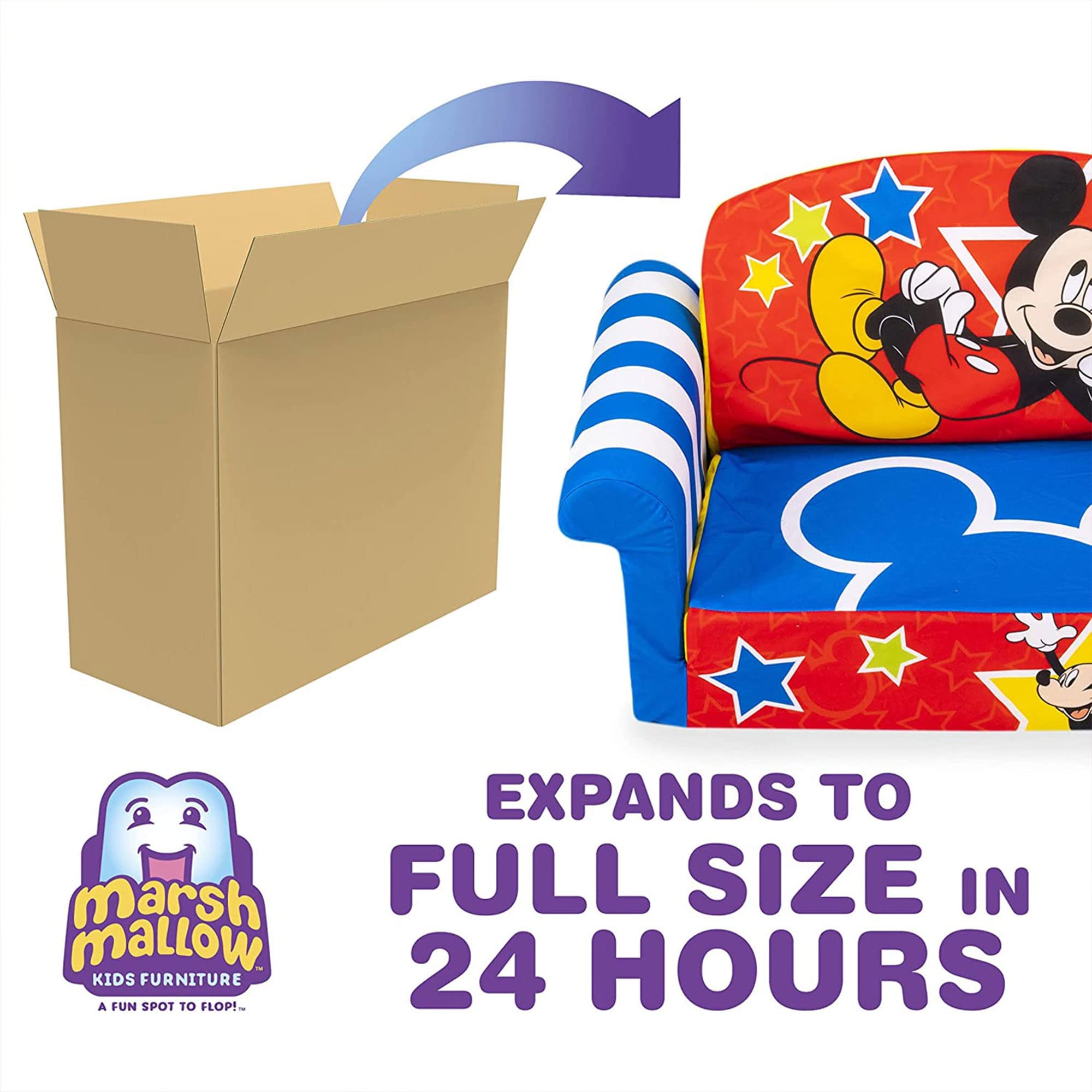 2-Pack MARSHMALLOW Kids Sofa - Convertible 2-in-1 Flip Open Foam Couch & Bed with Mickey Mouse Design - Perfect for Playroom, Nursery, or Toddler Bedtime
