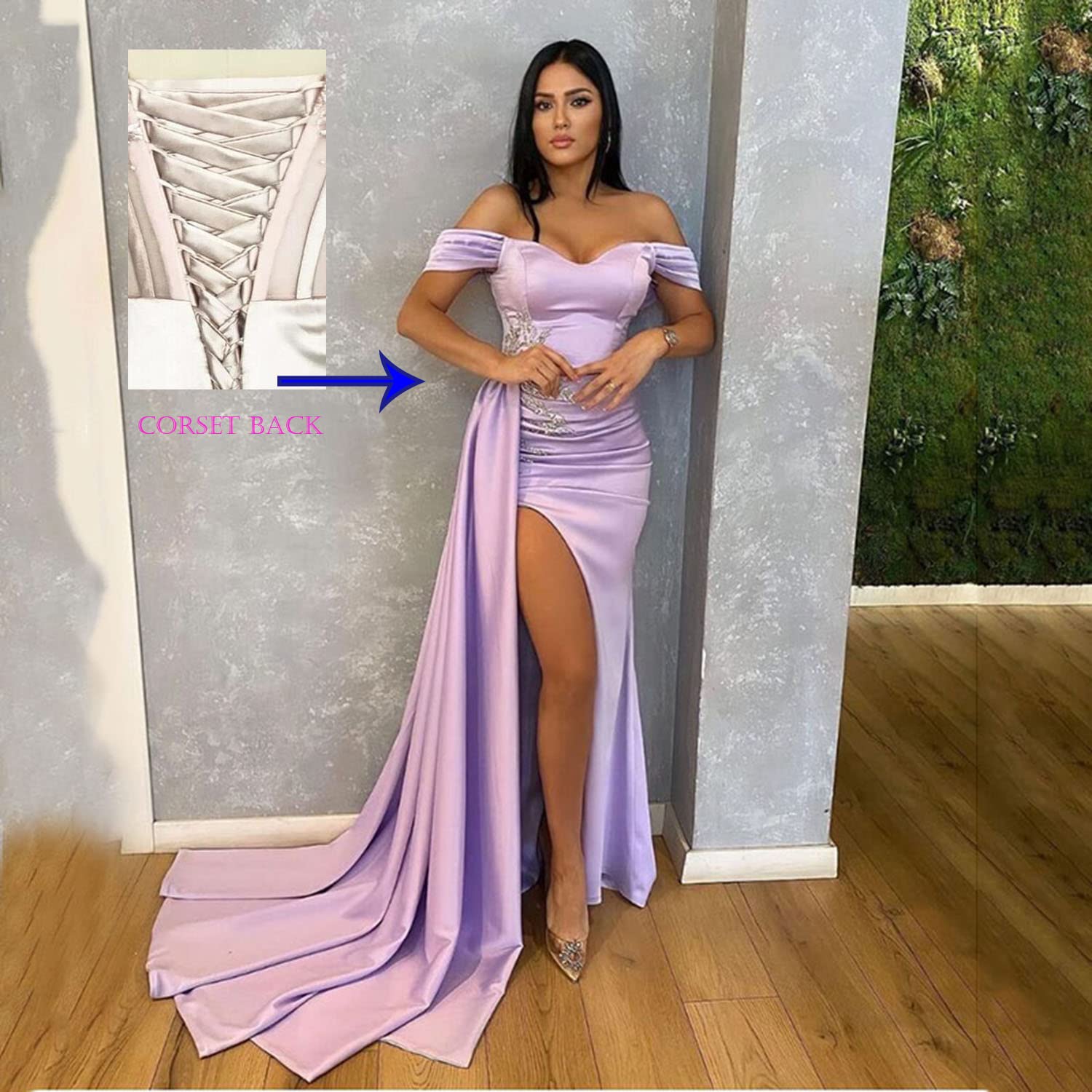 Off Shoulder Mermaid Prom Dresses for Women - Long Ruched Satin Formal Gown with Sexy High Slit, Bodycon Evening Dress for Bridesmaid, Homecoming, Pageant & Special Occasions