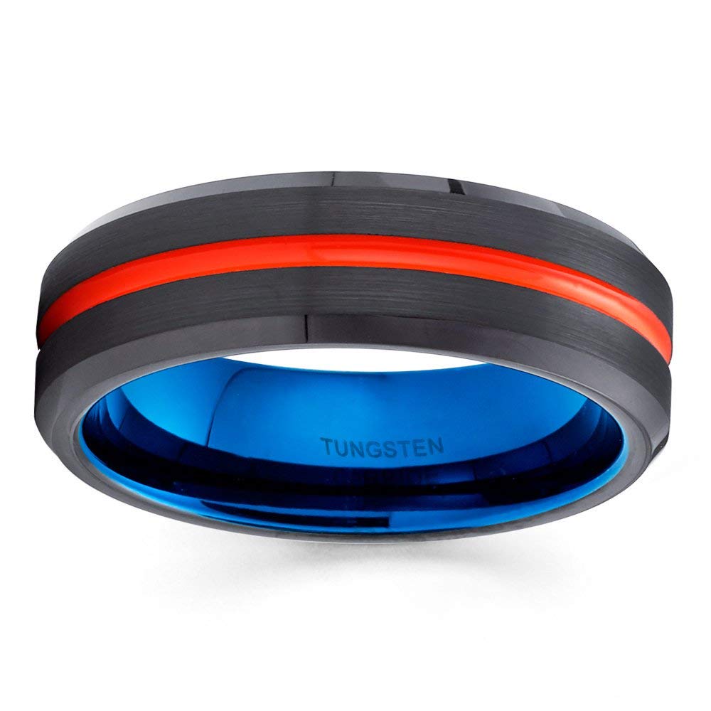 Orange Tungsten Wedding Ring for Men & Women - Comfort Fit Brushed Blue Tungsten Band - Perfect for Anniversaries, Engagements & Everyday Wear