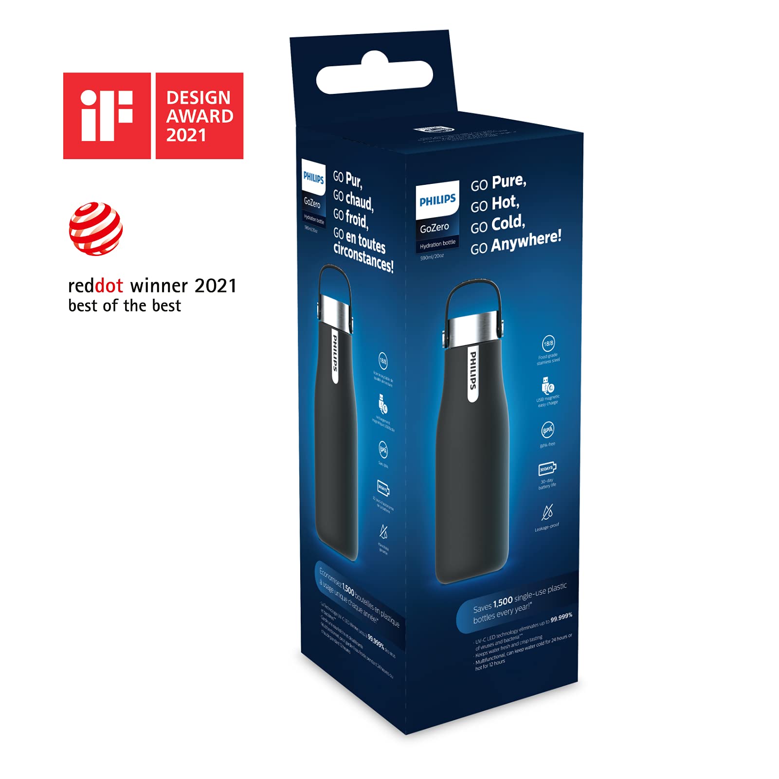 Philips Go Zero Smart UV Wasserfilter Schwarz Groß – Ideal für Kalt- und Warmwasser (4°C - 60°C) | 5V | Perfekt für Zuhause, Büro und Reisen