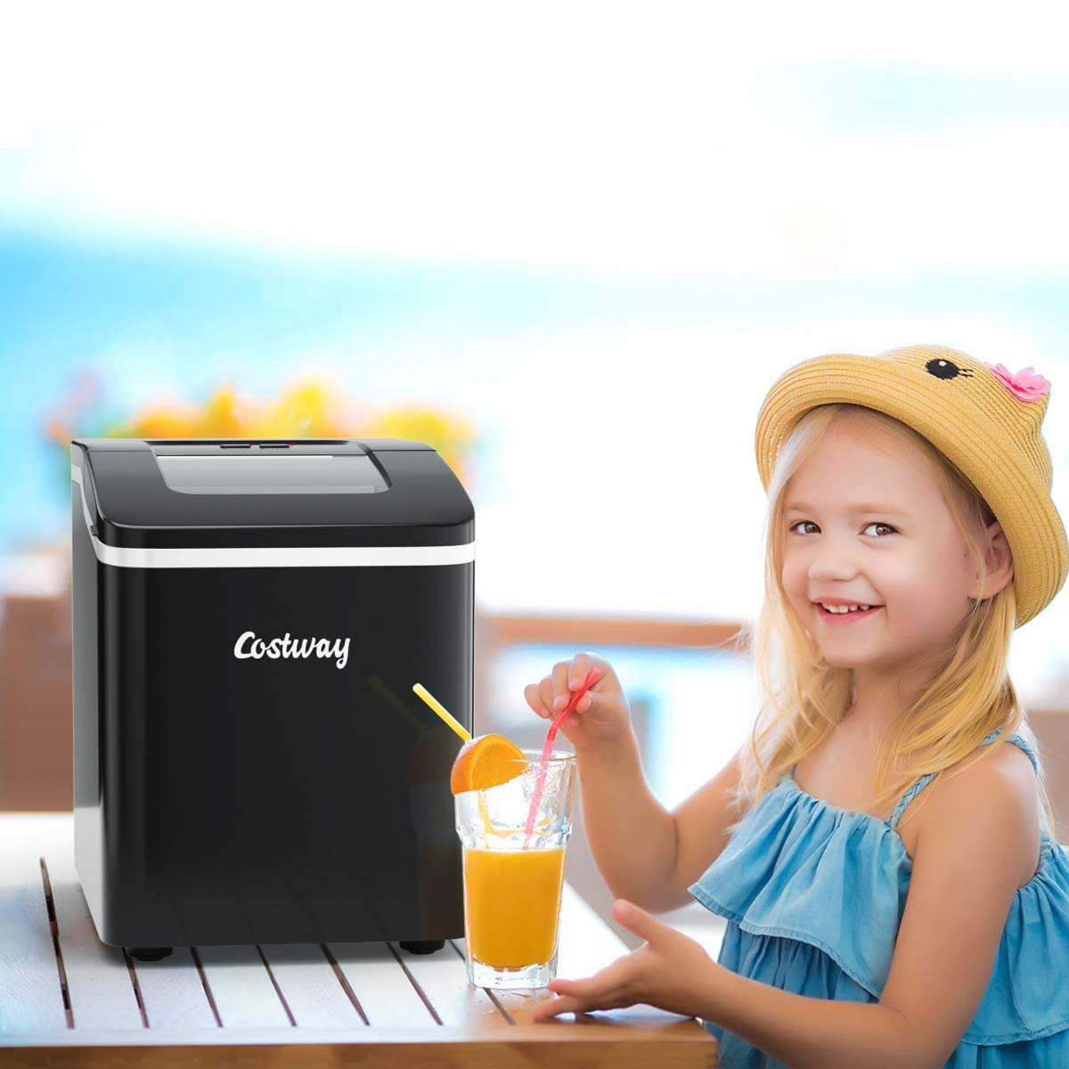 COSTWAY 26Lbs/24H Portable Countertop Ice Maker with Self-Cleaning Function - Makes Bullet Ice Cubes in 8 Minutes - Includes Scoop & Removable Basket - Perfect for Home, Office, Parties, Bars, and Outdoor Gatherings - Black