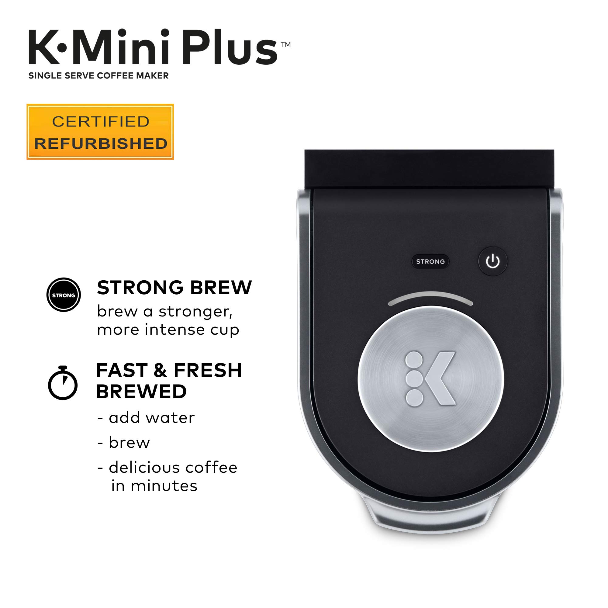 Certified Refurbished Keurig K-Mini Plus Single Serve Coffee Maker - Black (Renewed) | Compact Design for Home, Office & Dorm Use | Fast Brewing with No Water Reservoir