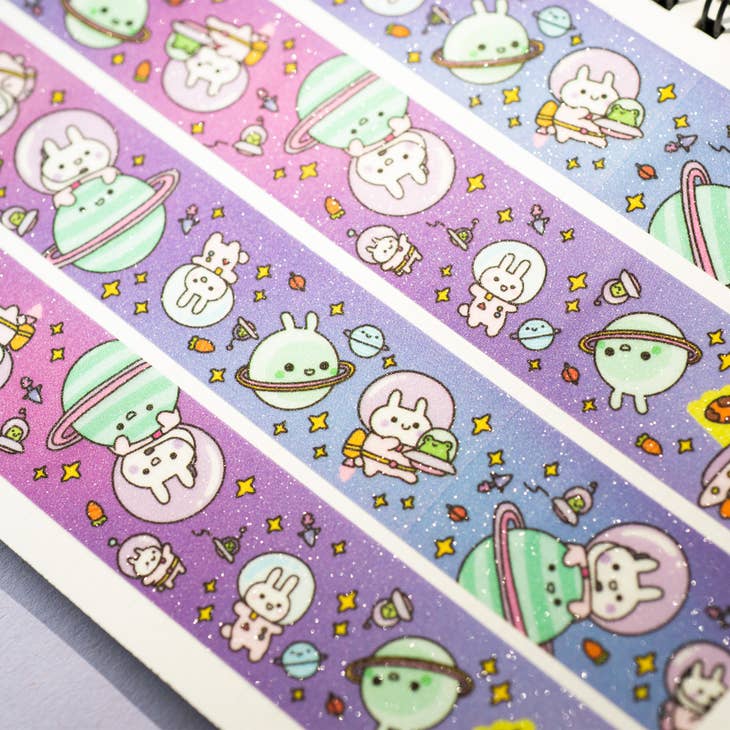 Bunnies in Space Glitter Washi Tape - Cute Bunny Pattern Decorative Paper Tape for Scrapbooking, Journaling, DIY Crafts & Gift Wrapping - Perfect for Bullet Journals, Planners and School Projects