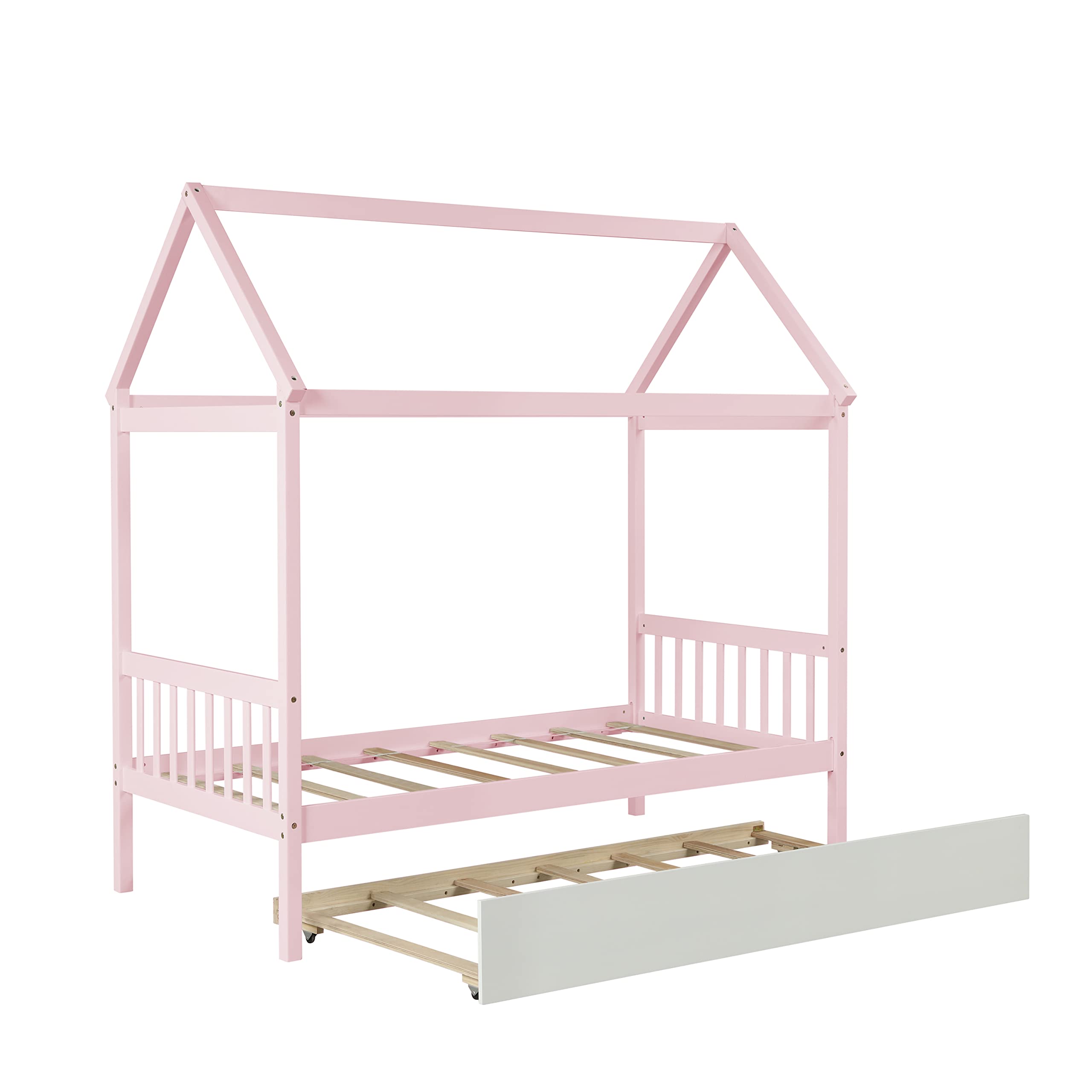 Merax Twin Size Wooden House Bed with Trundle - Pink Kids Bed Frame with Roof, Headboard & Footboard for Girls & Boys | Perfect for Bedroom Decor & Playroom Fun
