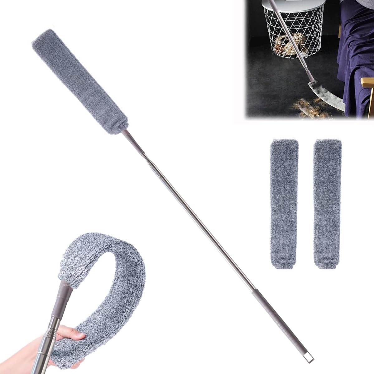 Retractable Gap Dust Cleaner - Microfiber Duster for Fridge, Appliances & Home Cleaning (55.2in, Grey) - Perfect for Kitchen, Bedroom & Tight Spaces