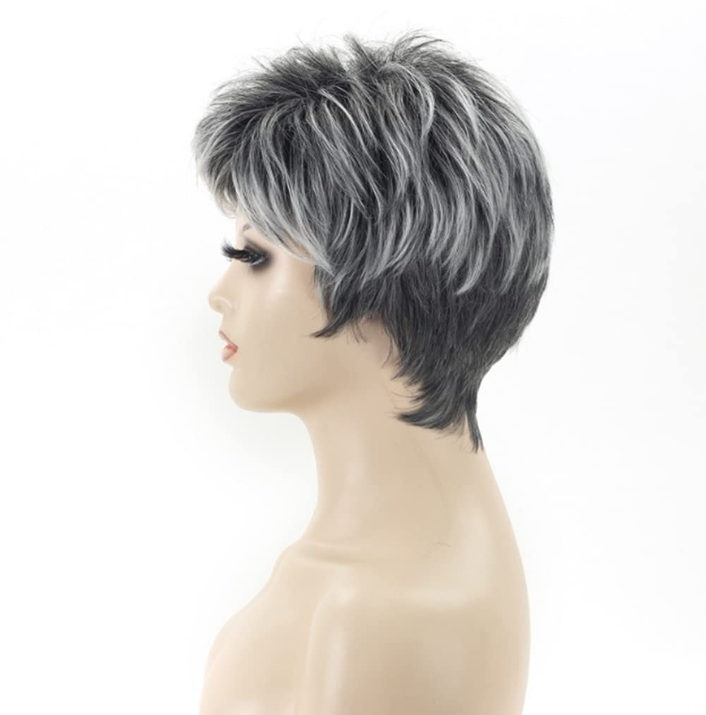 Grey Wig with Oblique Bangs - Fluffy Short Hair Black to Silver Gradient Wig for Women | Natural Daily Use Wig for Girls & Middle-Aged Women | Perfect for Cosplay, Parties & Everyday Styling