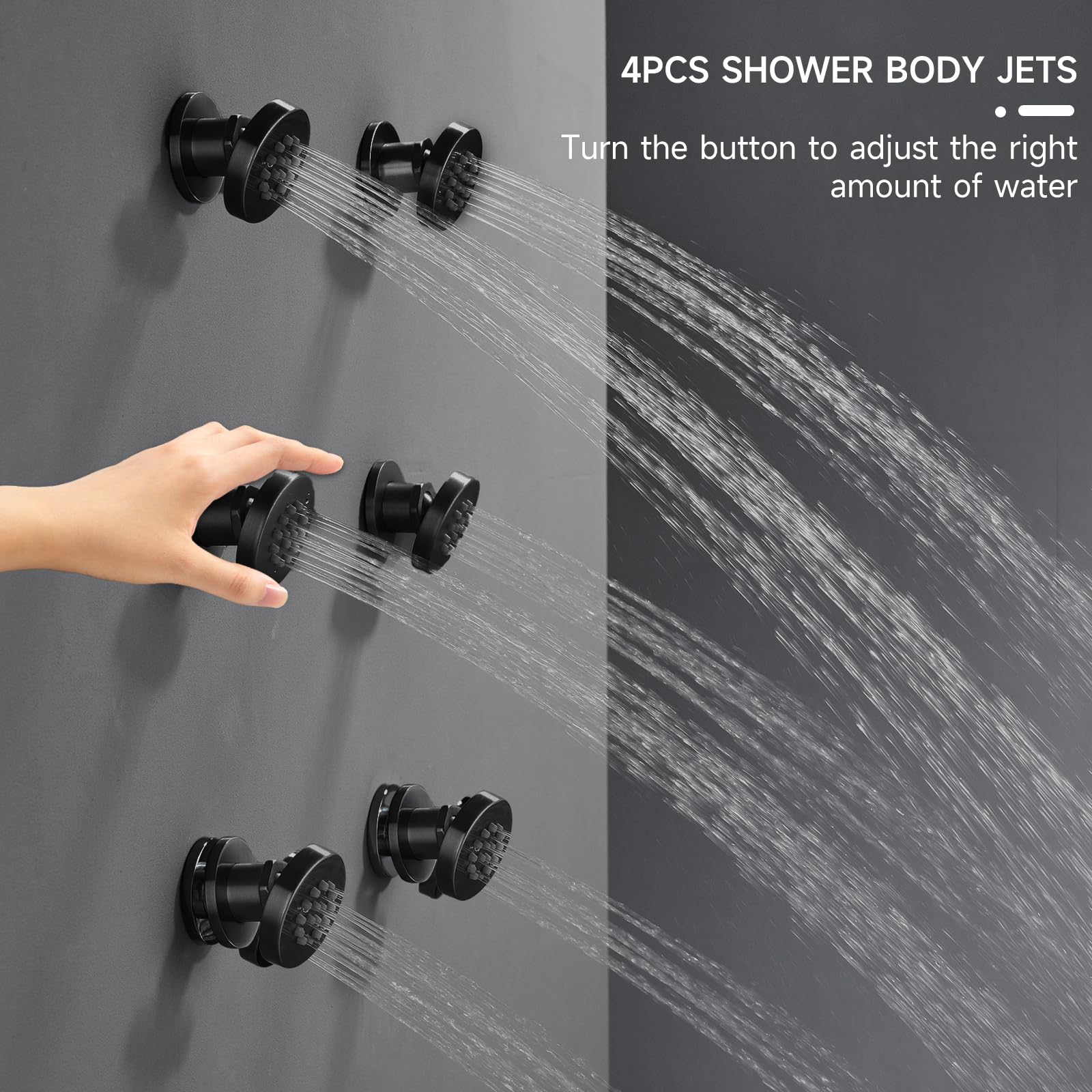 4PCS Matte Black Brass Shower Body Spray Jets with On/Off Flow Control - Round Spa Massage Wall Mounted Side Jets for Relaxing Bath & Shower Experience - Perfect for Home Spa, Bathroom Upgrade & Luxury Shower Systems