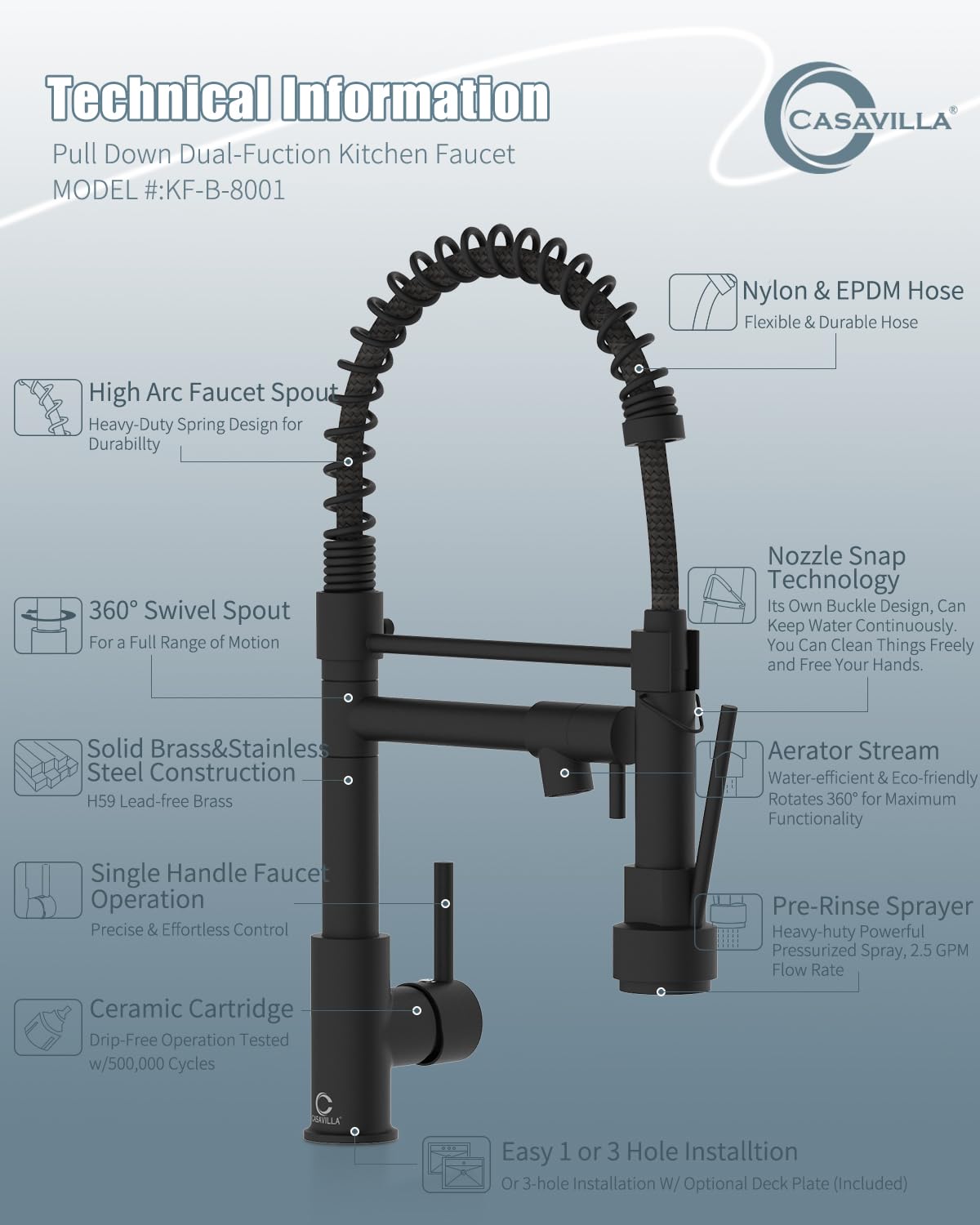 Black Kitchen Faucet with Pull Down Sprayer - Single Handle Stainless Steel Sink Faucet, Dual Function Spray Head for Modern & Farmhouse Kitchens | Perfect for Washing Dishes, Filling Pots & Cleaning Sinks (Model KF-B-8001)