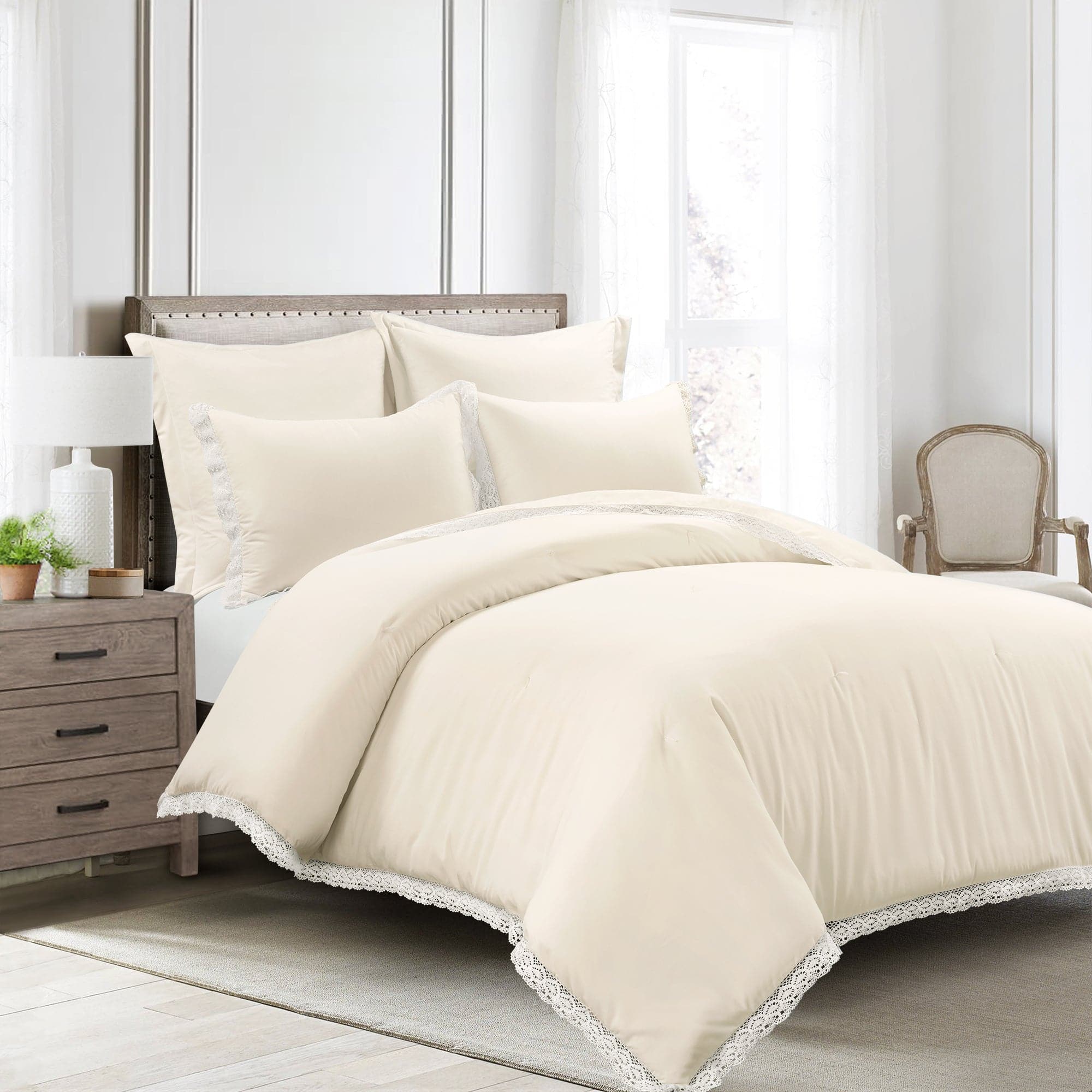 Rosalie Cottagecore Lace Trim 5-Piece Comforter Set - Queen Size Bedding with Floral Embroidery for Boho Bedroom Decor, Perfect for Vintage & Romantic Home Styling