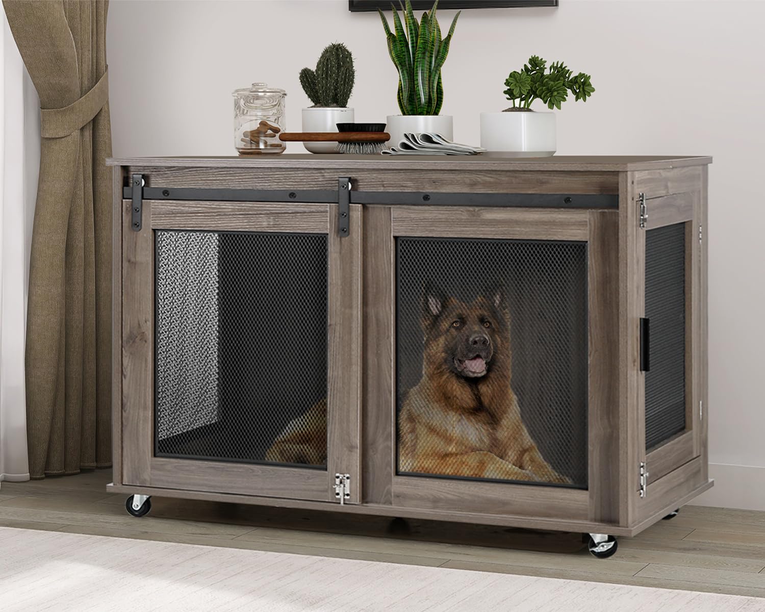 LINLUX 47 Inch XL Heavy Duty Wooden Dog Crate Furniture - Indoor Dog Kennel with Sliding Doors, Wheels & Flip-Top Plate for Extra Large Dogs - Perfect for Living Room, Bedroom or Office Pet Enclosure