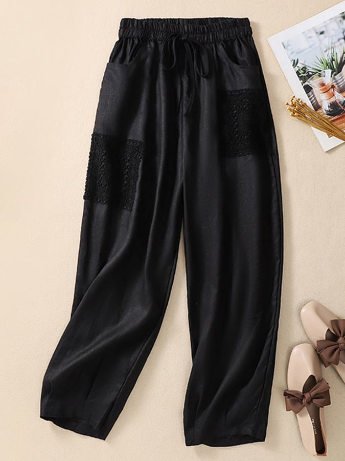 Lovevop Women's Cotton Embroidered Patch Elastic Waist Harlan Pants - Comfortable Casual Pants for Work, Travel and Everyday Wear