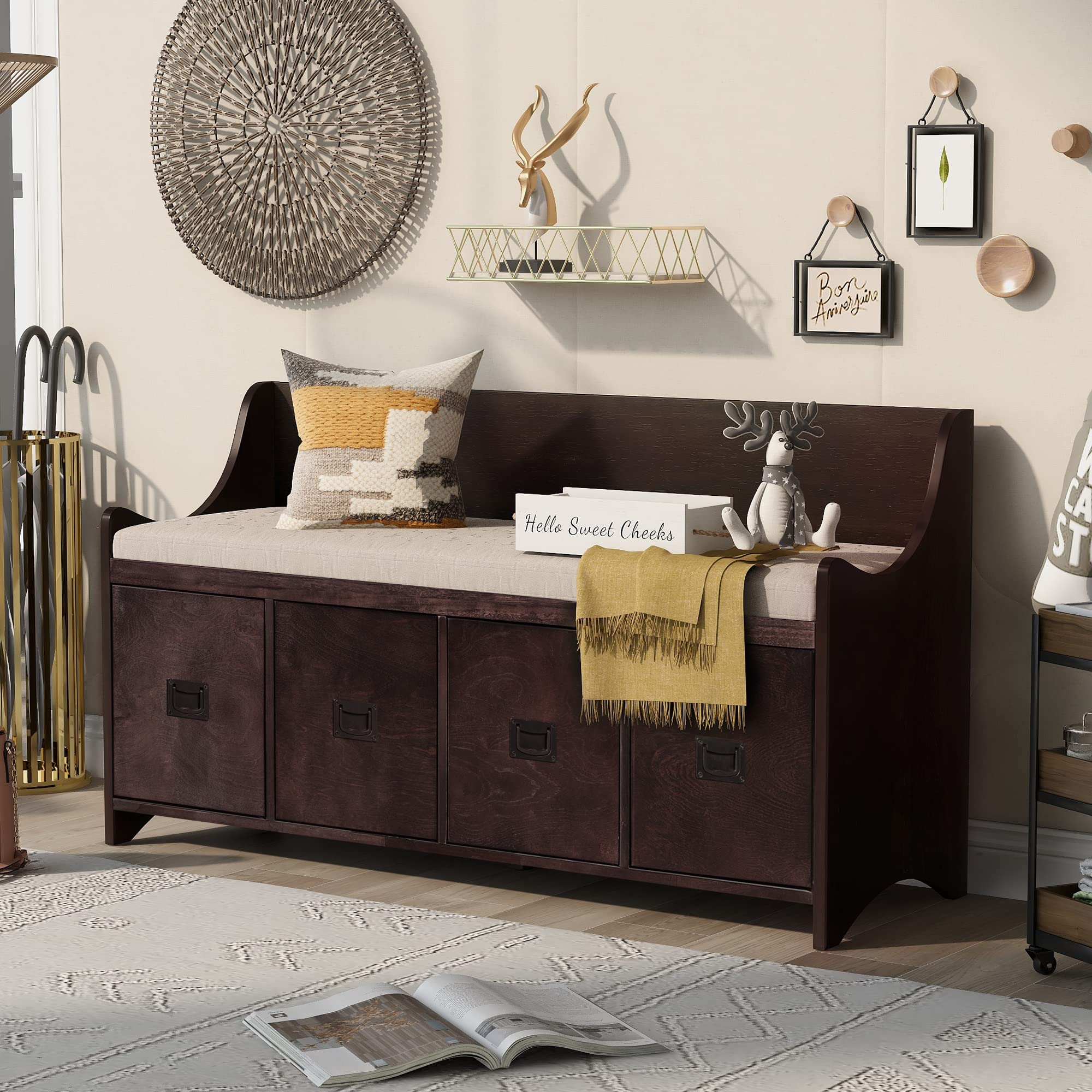 Rustic Wood Entryway Storage Bench with 4 Drawers, Backrest & Removable Seat Cushion - Espresso Hallway Bench for Living Room, Bedroom & Entryway Organization