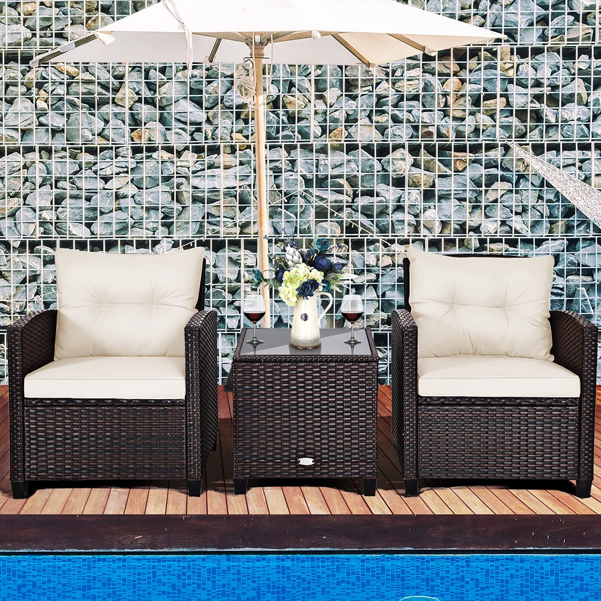 KOTEK 3-Piece Outdoor Patio Furniture Set with Washable Cushions & Tempered Glass Tabletop - PE Rattan Wicker Bistro Set for Porch, Garden, Balcony, Backyard (White) - Perfect for Relaxing, Entertaining Guests, and Outdoor Dining