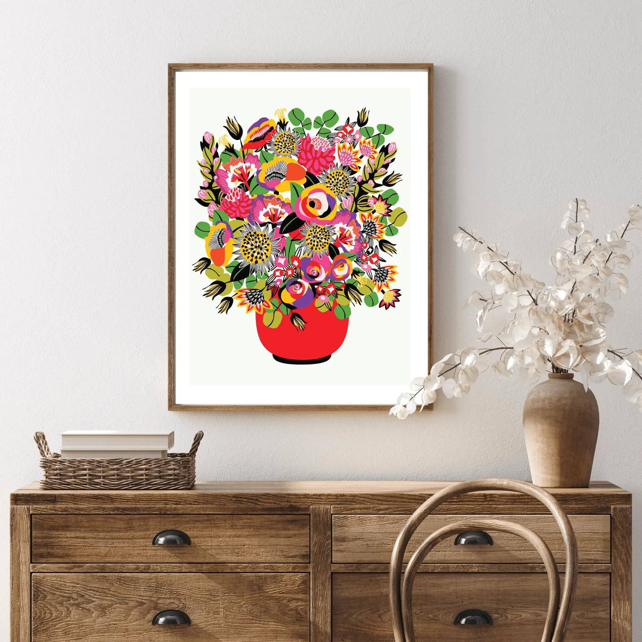 Modern Wall Art Print of Roses and Lilies in Vase - Elegant Floral Home Decor for Living Room, Bedroom & Office