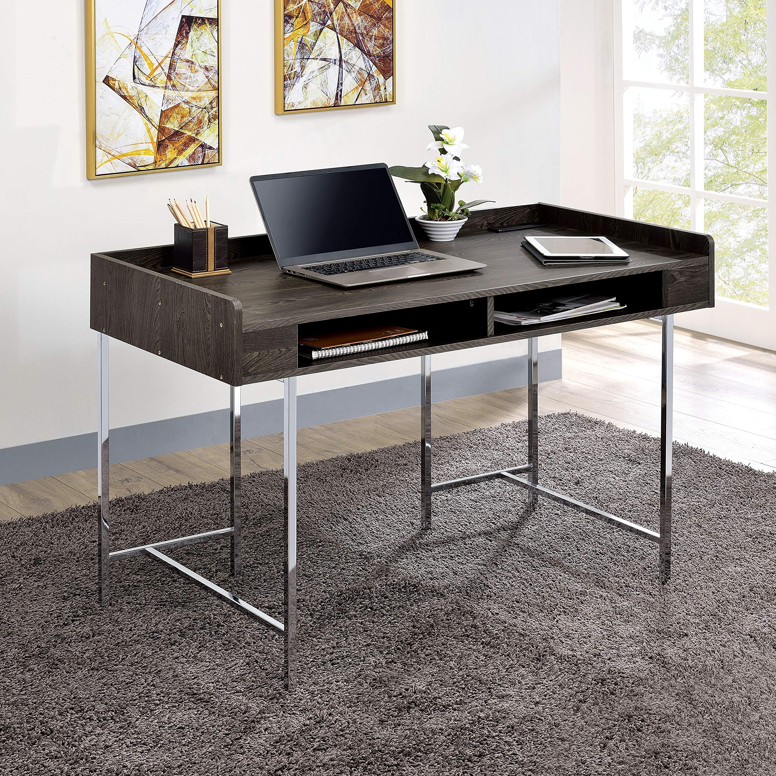 Modern Transitional Brown Metal Writing Desk with Wooden Top & Chrome Finish - Stylish Home Office Desk for Small Spaces, Study & Workstation Use