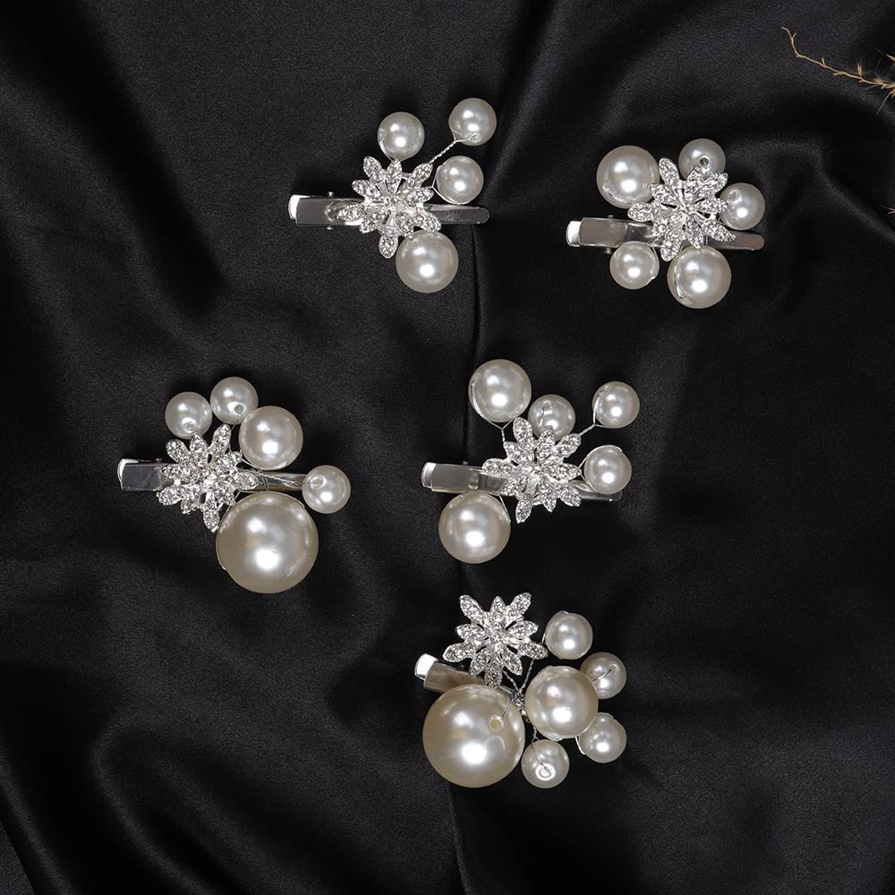 Jumwrit Pearl Rhinestone Bridal Hair Clips - 5PCS Handmade Crystal Wedding Hairpins for Women & Girls | Silver Floral Hair Accessories for Bride & Bridesmaid | Perfect for Weddings, Prom, Parties & Special Occasions