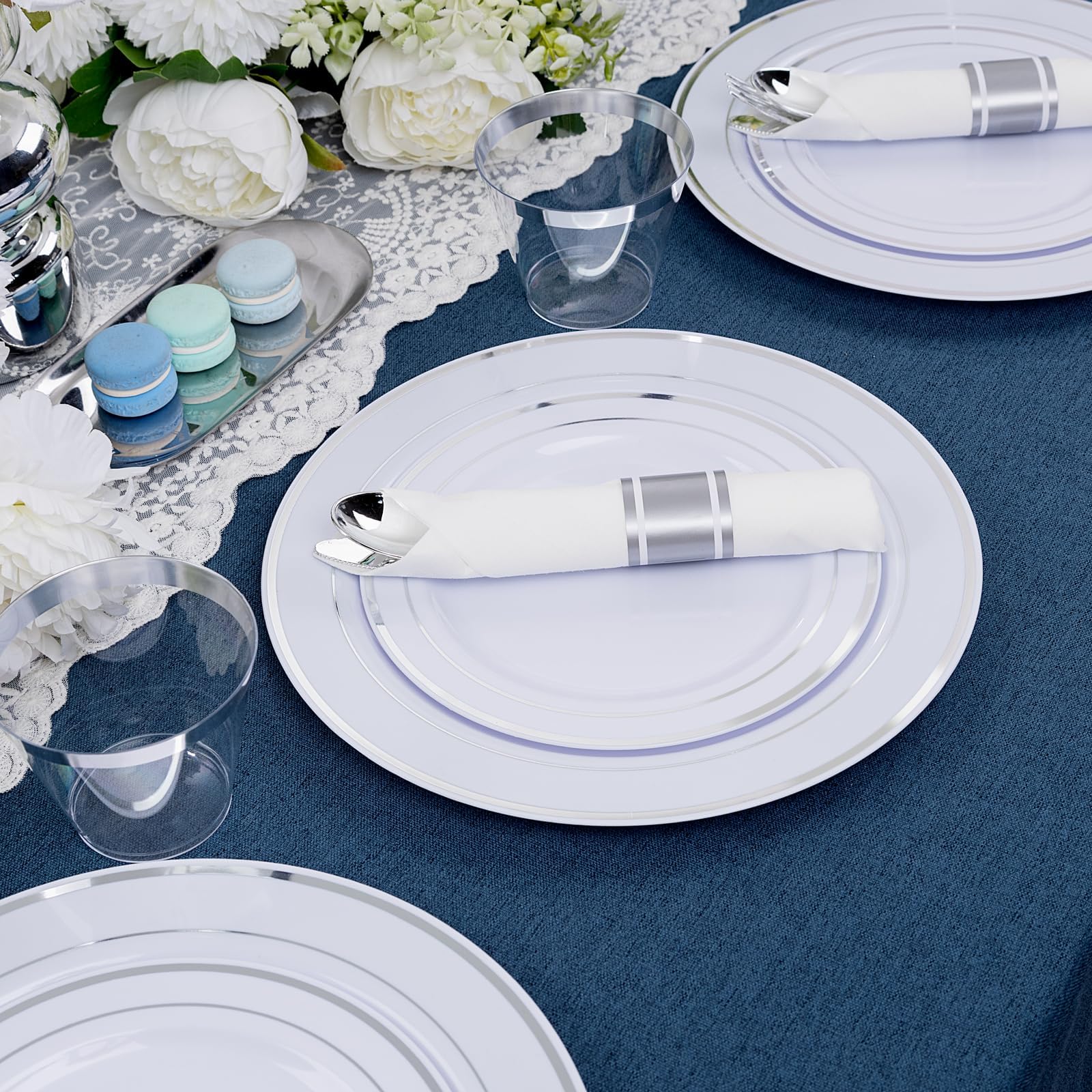 150-Piece Silver Plastic Disposable Dinnerware Set - Includes 25 Dinner Plates, 25 Salad Plates, 25 Forks, 25 Knives & 25 Spoons with 25 Napkins - Perfect for Parties, Catering & Outdoor Events