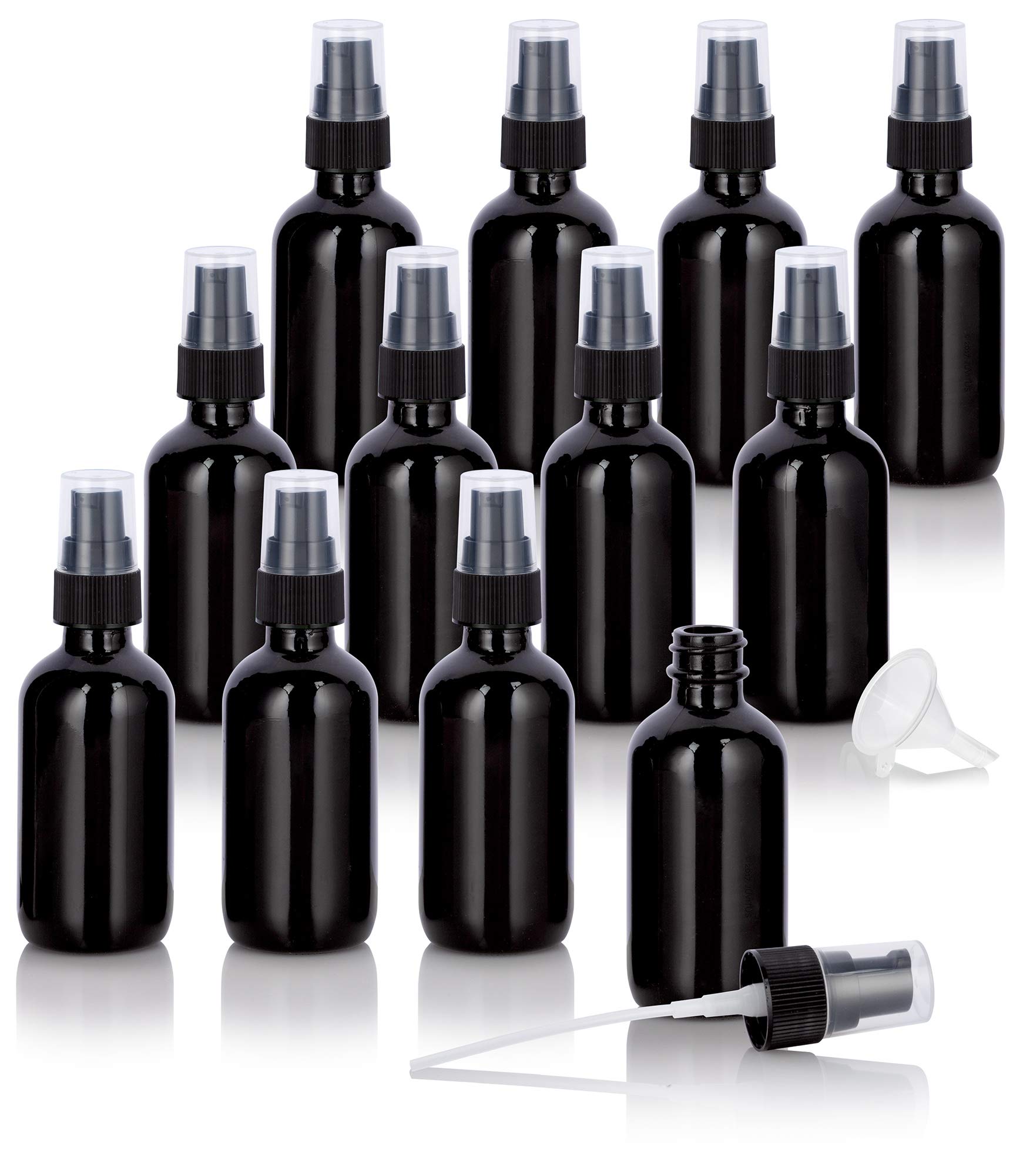 Premium 2 oz Black Glass Boston Round Bottles with Black Treatment Pump (12 Pack) - Luxury Essential Oil & Perfume Bottles for DIY, Travel, Gifting & Home Organization