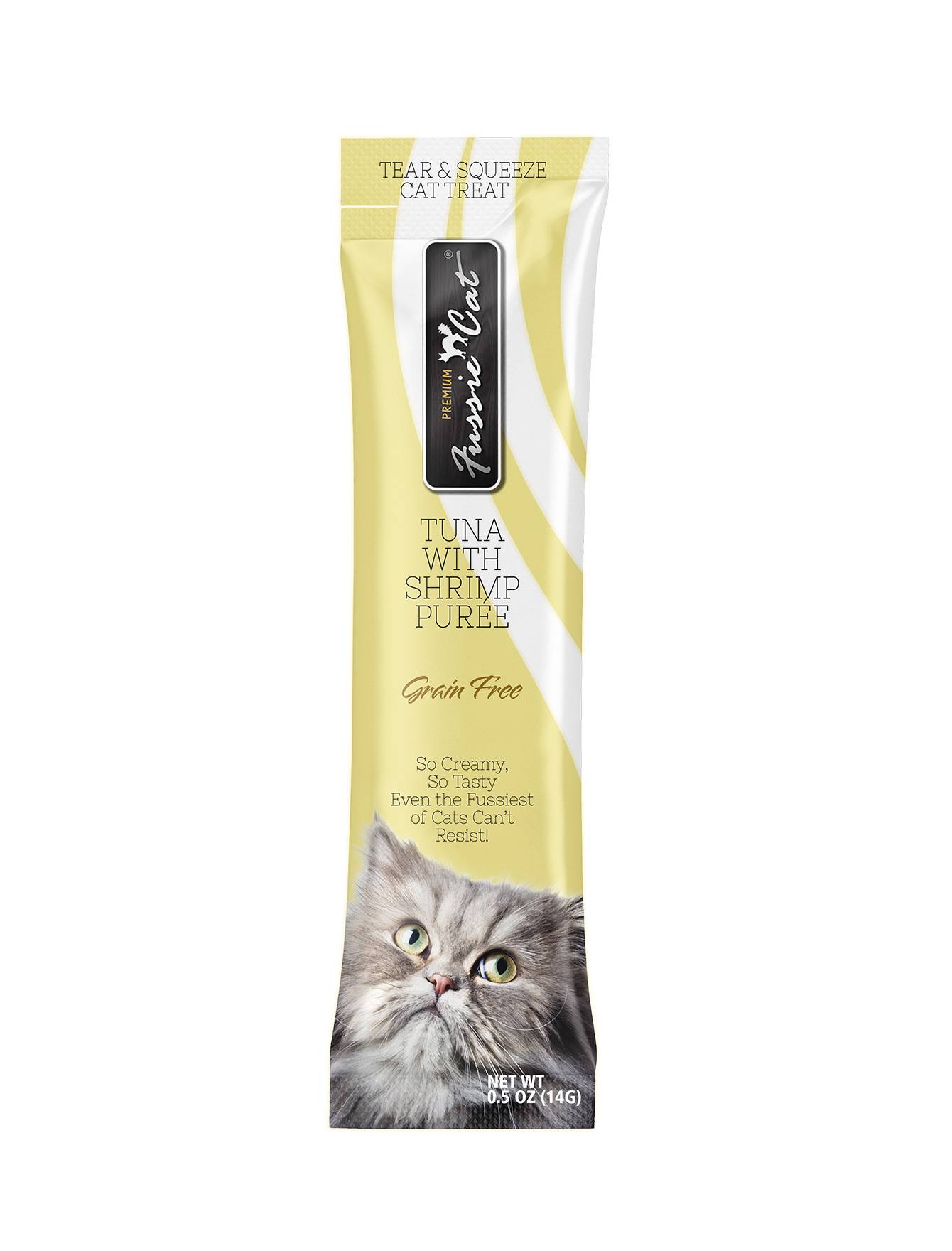 Premium Fussie Cat Puree Tuna with Shrimp Cat Treats - 14g x 4 Pack | Grain-Free, High-Protein Wet Cat Food Topper | Perfect for Picky Eaters & Senior Cats