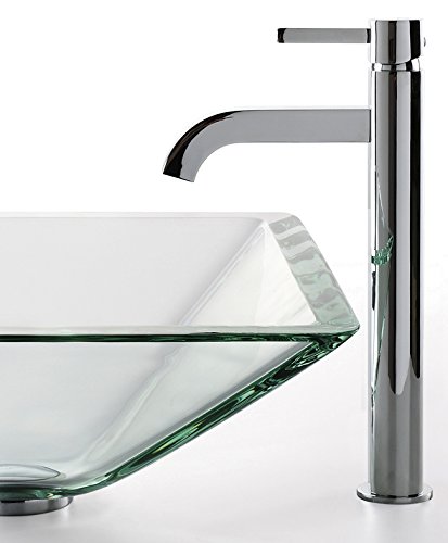 Kraus 19mm Clear Aquamarine Glass Vessel Sink with Chrome Ramus Faucet - Modern Bathroom Vanity Sink for Contemporary Home Decor