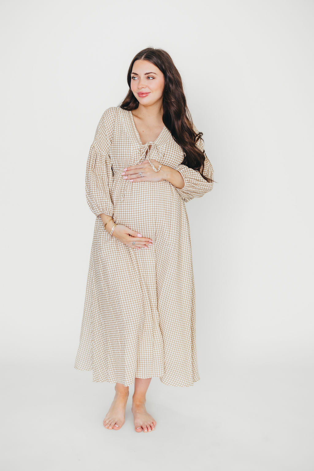 Hunter Printed Gauze Midi Dress in Natural Plaid - Bump Friendly Maternity Dress for Summer, Beach & Casual Wear