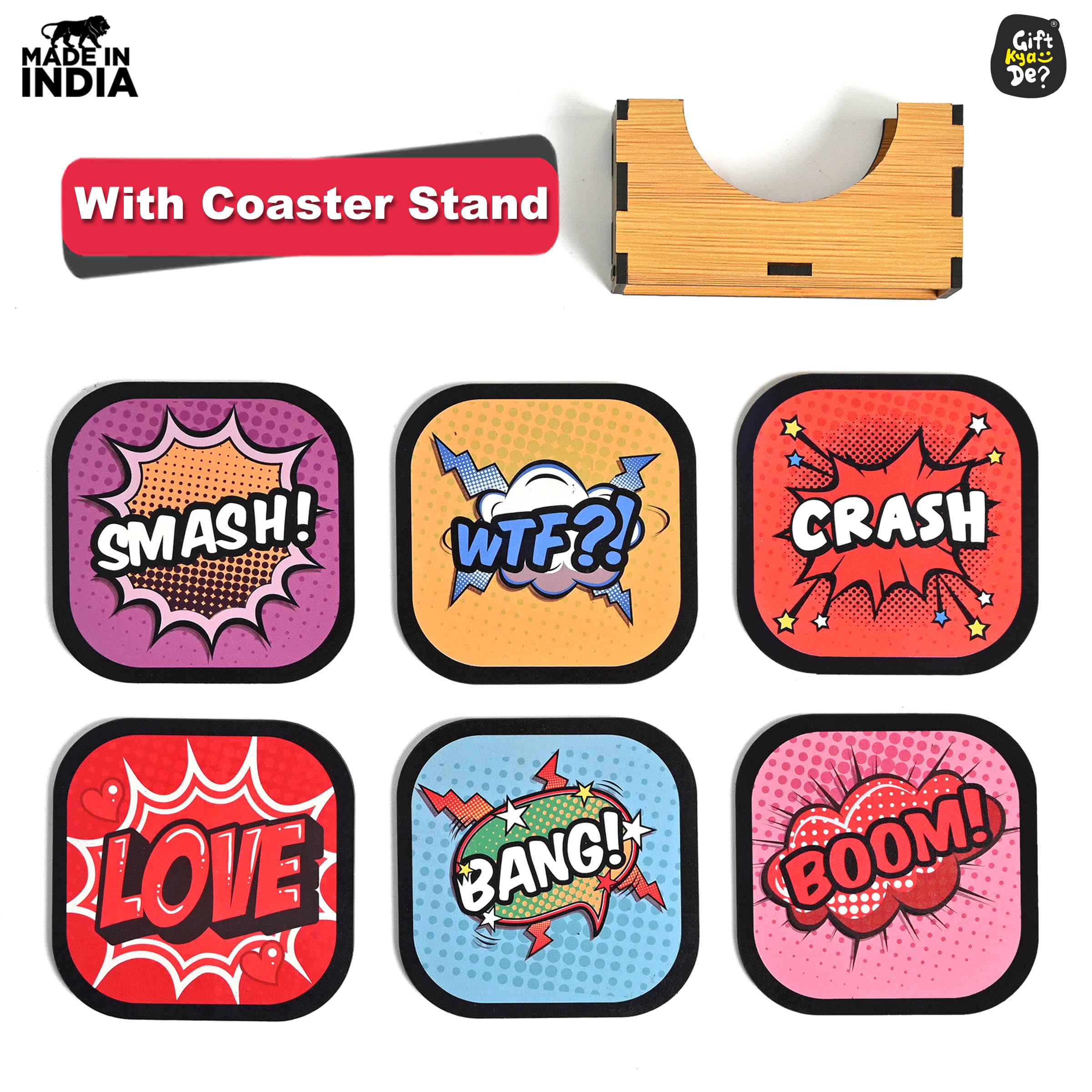 GKD Set of 6 Funky Wooden Coasters for Coffee, Tea & Drinks - 3.8x3.8 Inch Eco-Friendly Absorbent Coasters with Unique Designs - Perfect for Home, Office & Restaurant Use