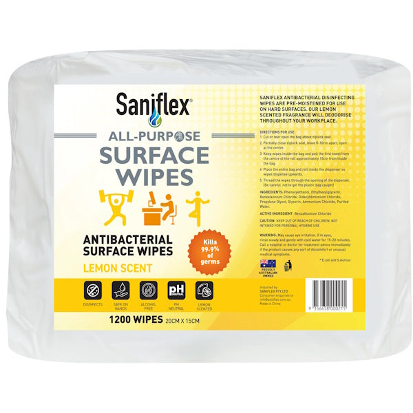 Saniflex All-Purpose Antibacterial Gym Wipes - 1200 Count Bulk Pack | Disinfecting Wipes for Gym Equipment, Yoga Mats & Fitness Gear | Kills 99.9% Germs & Bacteria