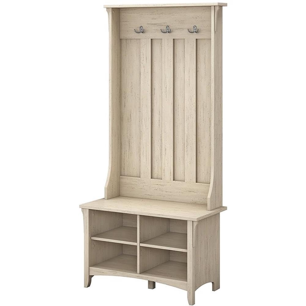 Bush Furniture Salinas Hall Tree with Storage Bench in Antique White - Entryway Organizer with Shoe Storage & Coat Hooks for Home, Office, or Mudroom