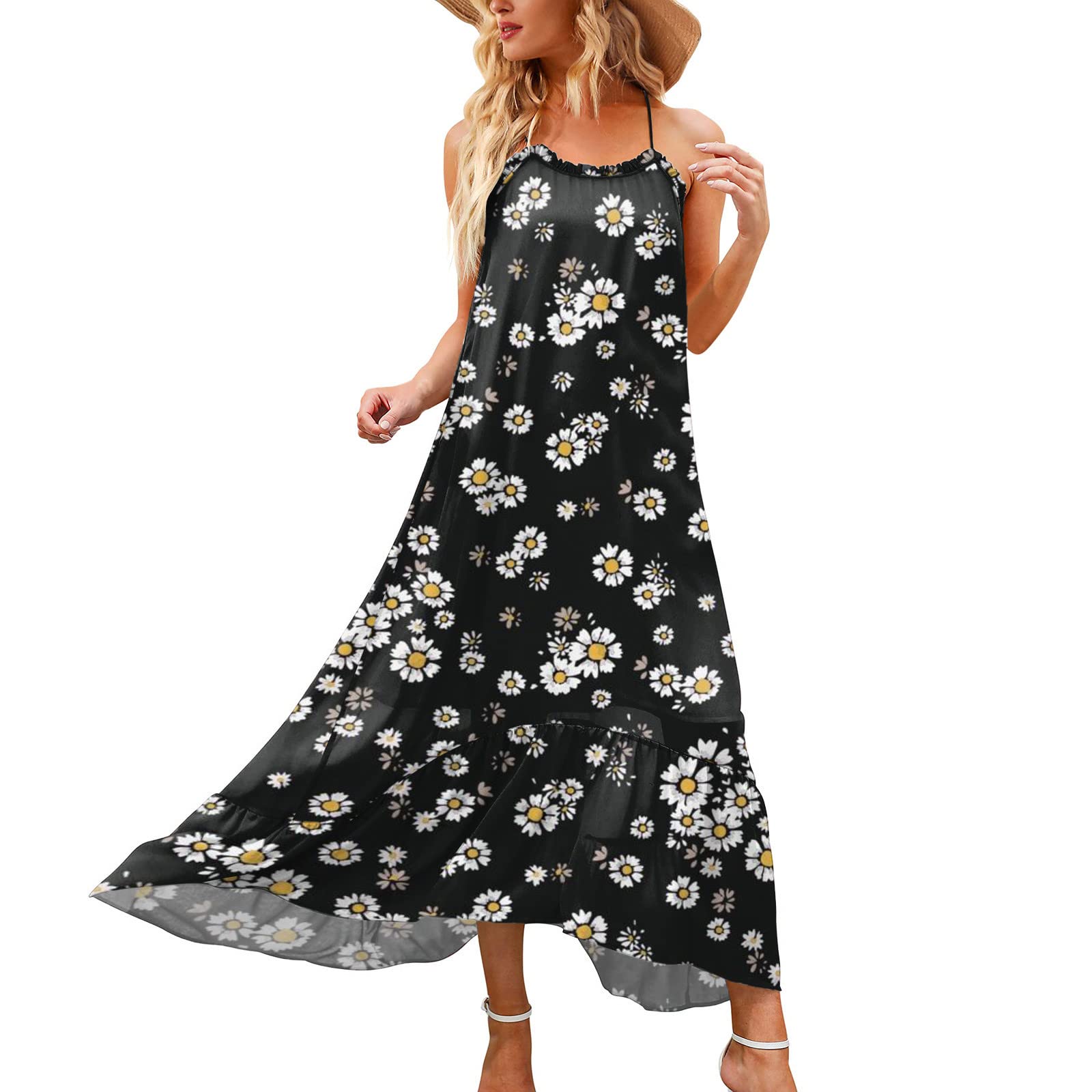 Women's Floral Spaghetti Strap Maxi Dress - Summer High Low Hem Cami Dress with Flounce Detail for Beach, Vacation & Date Night Outfits