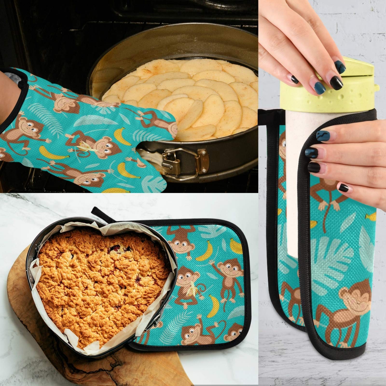 Heat Resistant Non-Slip Monkey Palm Tree Oven Mitts & Pot Holders Set of 2 - Kitchen Gloves for Cooking, Baking, BBQ & Grilling - Perfect for Holiday Baking, Outdoor Picnics & Home Kitchen Use