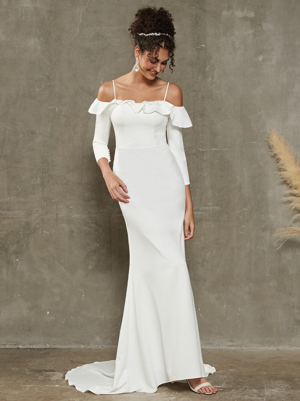 Elegant Double FDY Ruffled Off-Shoulder Mermaid Wedding Dress with Long Train - Perfect for Beach, Church, and Formal Wedding Ceremonies