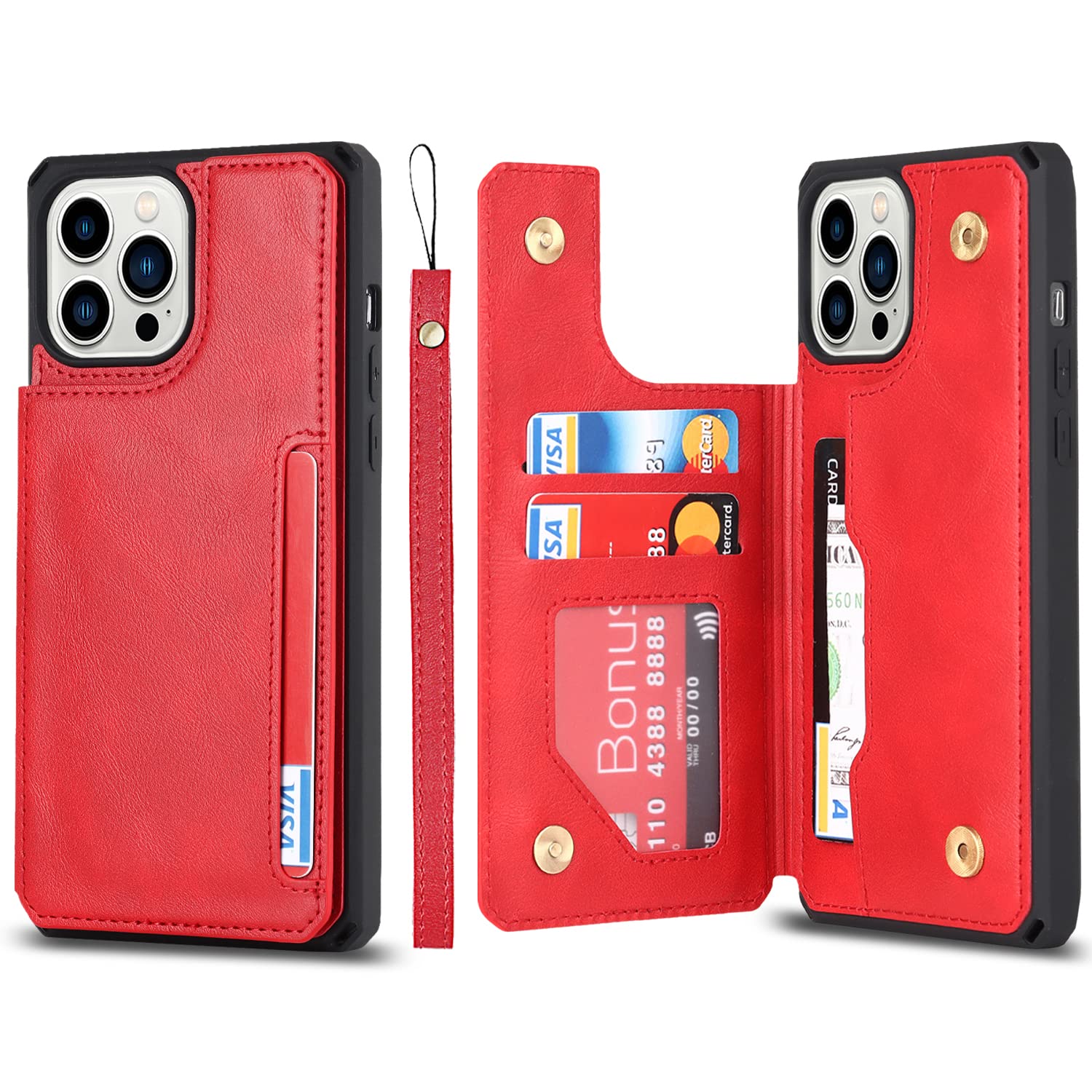 Premium Leather iPhone 12 Case with Card Holder & Stand - Shockproof Wallet Phone Case for iPhone 12/12 Pro (Red) - Perfect for Work, Travel & Everyday Protection