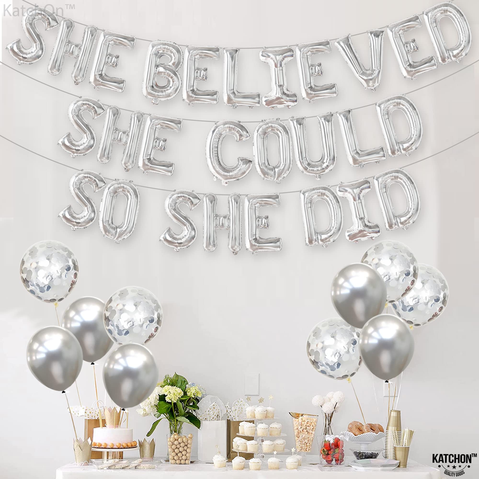 KatchOn Silver Metallic 'She Believed She Could So She Did' Graduation Banner - 16 Inch | Graduation Party Decor, Class of 2025 Garland, Wall Hanging for Commencement Ceremony & School Celebrations