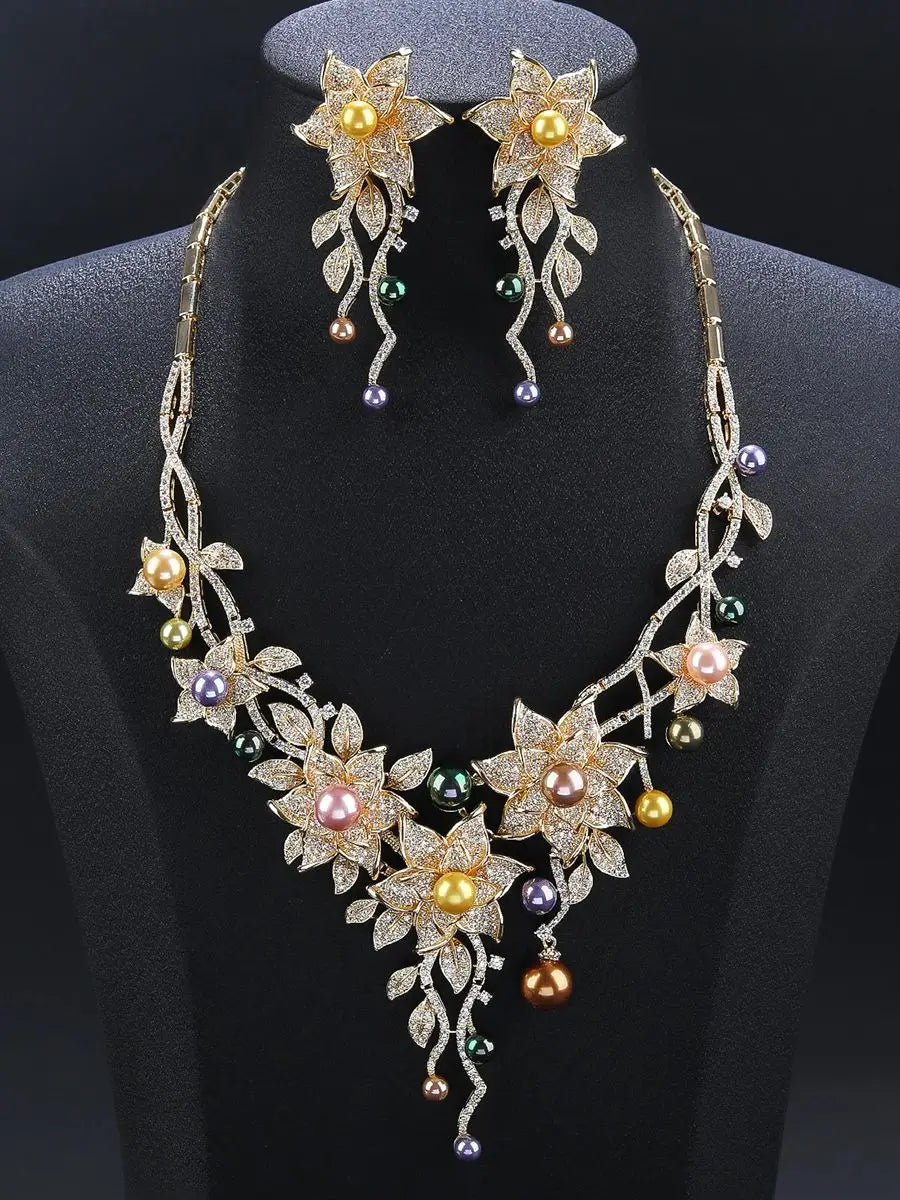Luxury Cubic Zirconia Pearl Statement Necklace & Earrings Set - Elegant Jewelry for Women, Party & Evening Wear - Perfect for Weddings, Prom & Special Occasions