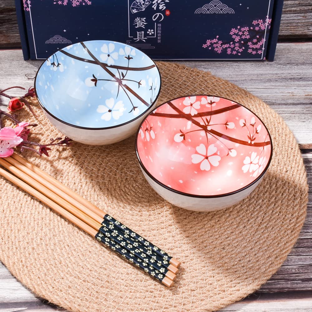 Premium Japanese Ceramic Rice Bowls - Set of 2 Sushi Bowls for Nuts, Sauces & Snacks (Blue & Pink) - Perfect for Sushi, Asian Cuisine & Home Dining
