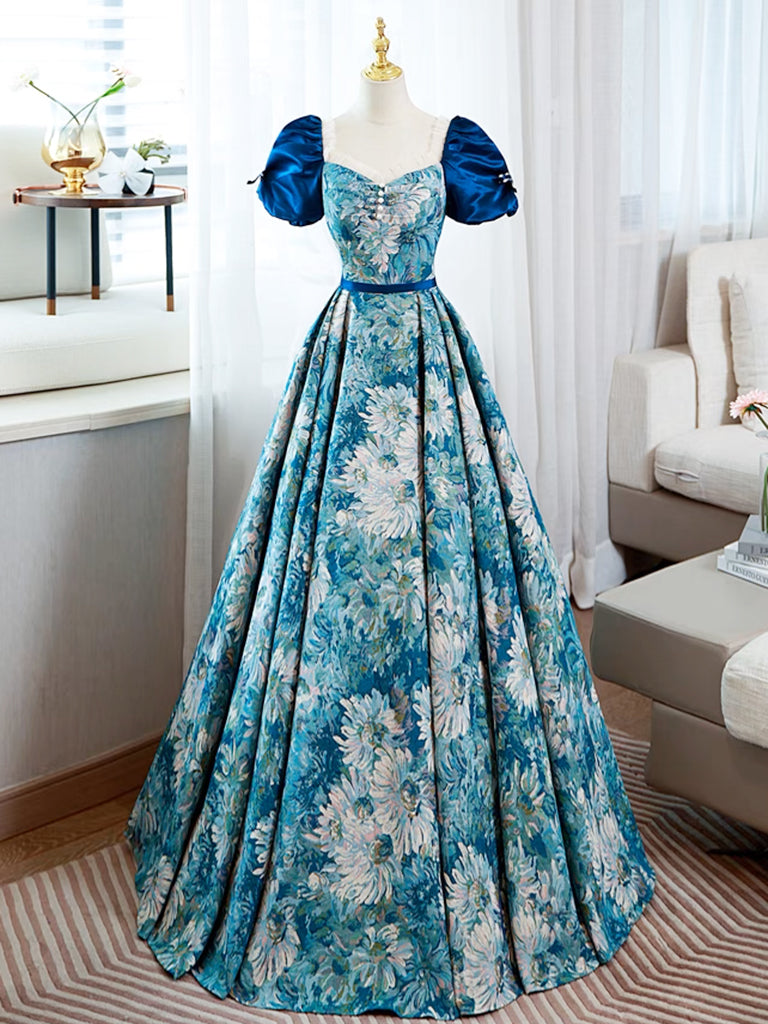 Elegant A-Line Puff Sleeve Satin Blue Long Prom Dress | Formal Evening Gown for Women | Perfect for Homecoming, Ball, and Special Occasions