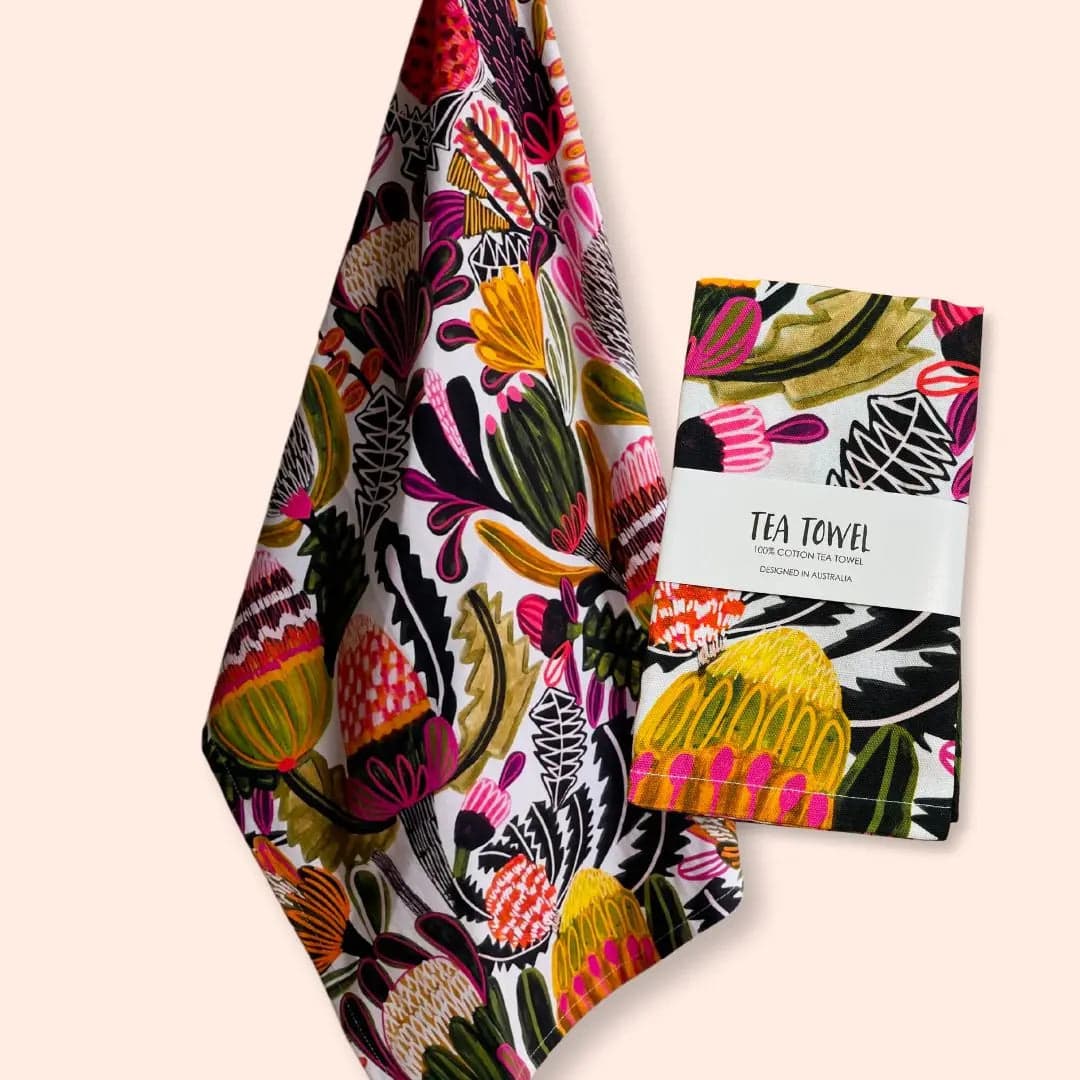Banksias Designer Tea Towel - Premium Australian Floral Printed Kitchen Towel for Drying Dishes, Decor & Gift Giving - Perfect for Home, Cafe & Hostess Use