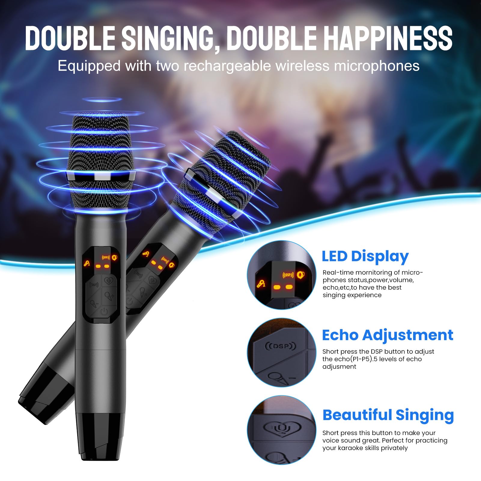 RHM K666PLUS Professional Karaoke Machine with 2 Wireless Microphones - Bluetooth, USB, AUX & PC Connectivity - Rechargeable Battery & 7-Hour Playtime - Ideal for Home Parties, Weddings, Outdoor Events & Christmas Celebrations - Powerful Sound System & Dynamic RGB Lights for Ultimate Entertainment Experience