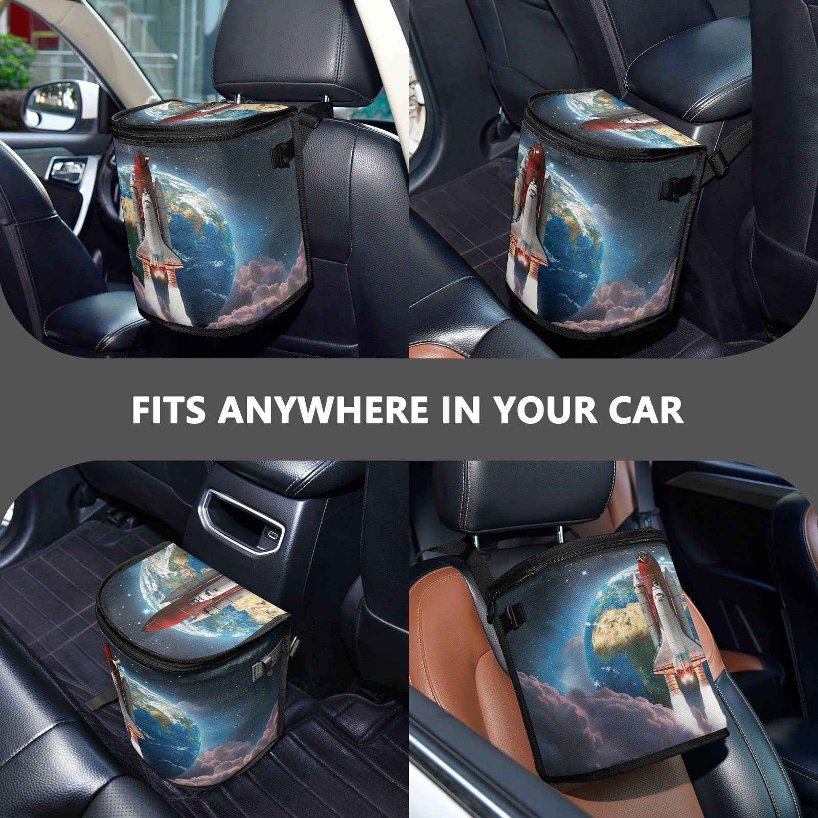 Earth Planet Car Trash Can with Lid - Waterproof Spaceship-Themed Auto Garbage Bin | Leak-Proof Collapsible Car Trash Organizer | Portable Hanging Trash Bag for Vehicles, Road Trips & Office Use