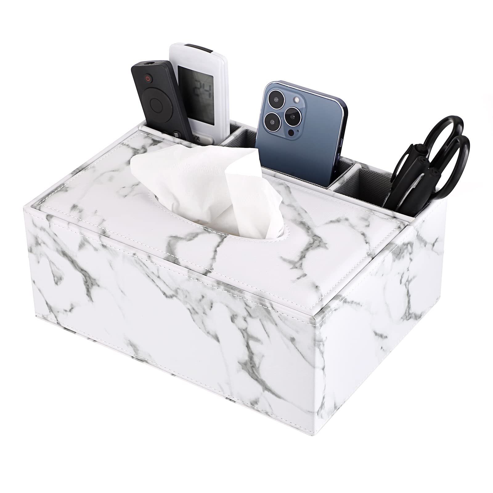 Sumnacon PU Rectangular Tissue Box Cover - Multifunctional Tissue Box Holder with Storage for Stationery & Remote Control | Decorative Organizer for Home, Office, Car & Restaurant | Marble White | Perfect for Living Room, Bedroom, Desk & Vehicle Use