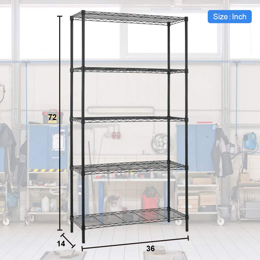NSF Certified 5-Tier Heavy Duty Adjustable Wire Shelving Unit - Commercial Grade Steel Storage Rack for Garage, Kitchen, Bathroom & Bedroom Organization (Black) | Perfect for Pantry Storage, Closet Organization & Commercial Use