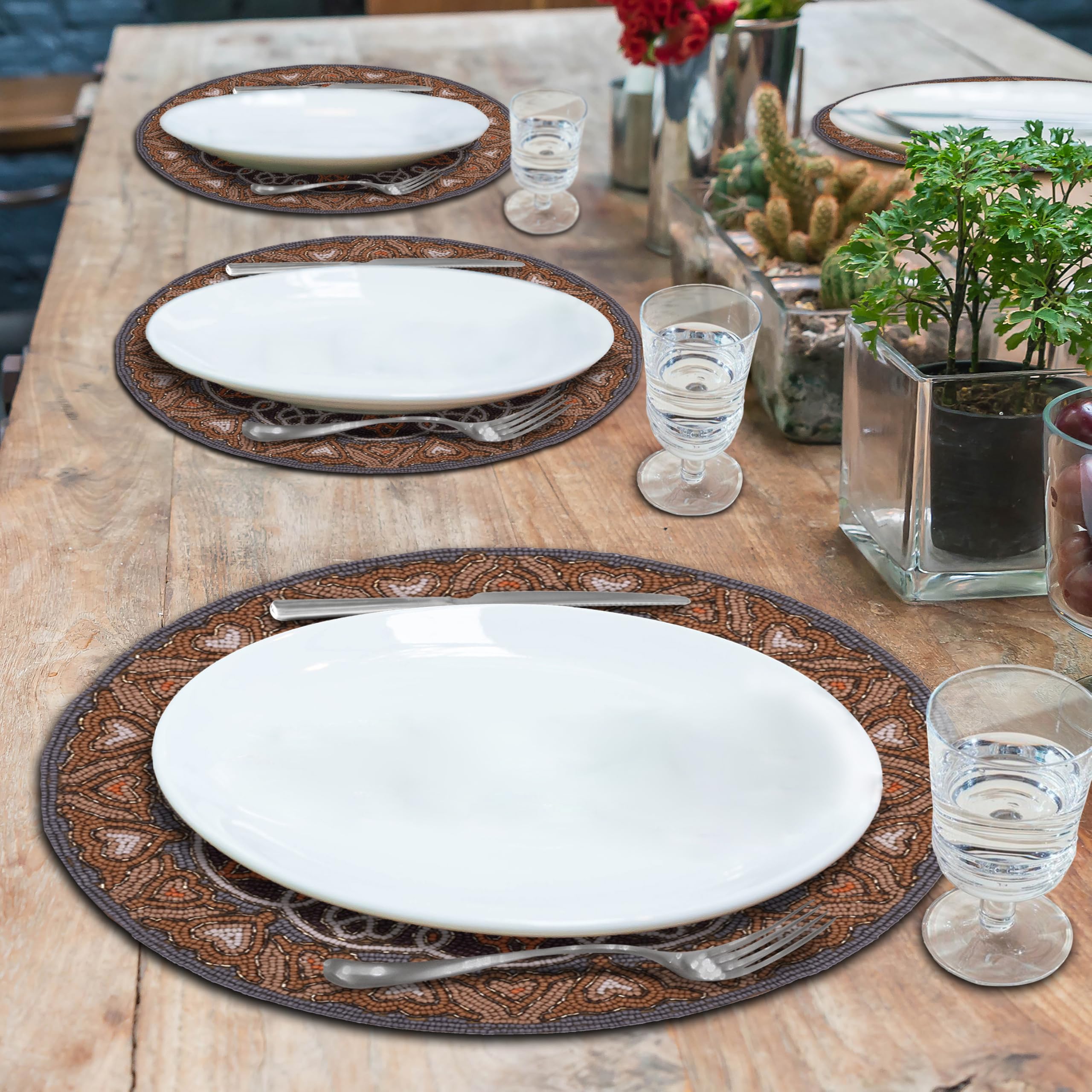 Decozen Orange Gray Beaded Placemats Set of 2 - 14 Inch Round Heat Resistant & Scratch Proof Table Mats for Dining Table, Coffee Table, Kitchen Decor - Perfect for Holiday Dinners, Parties & Everyday Use